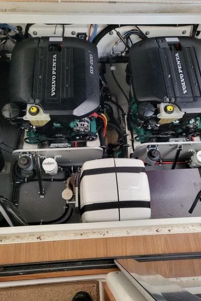 Engine compartment of a 2020 Nord Star 31 Plus with dual Volvo Penta engines.
