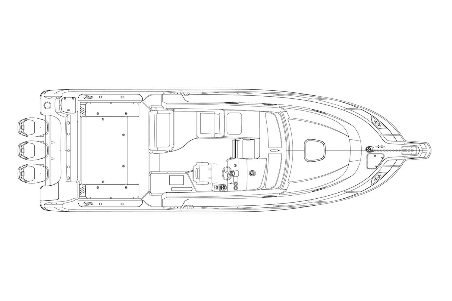 Manufacturer Provided Image: Top view blueprint of 2019 Boston Whaler 345 Conquest boat layout.