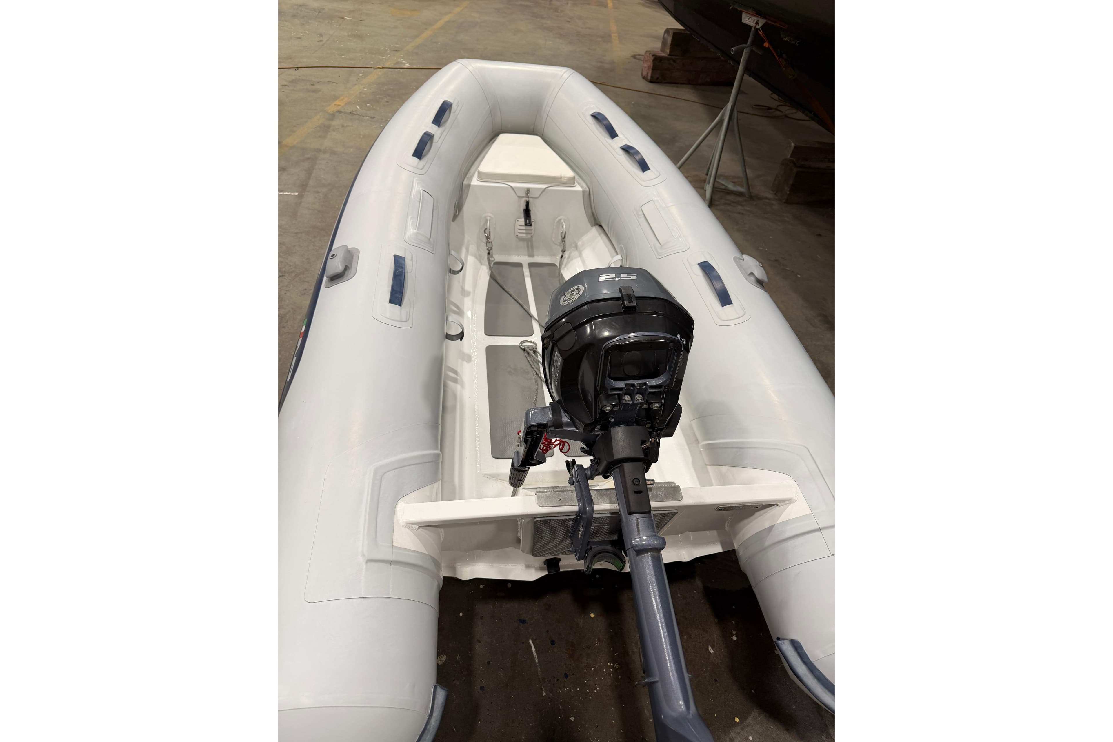 Inflatable boat with outboard motor, Covey Island 38 Lobster Yacht, 2022 model.