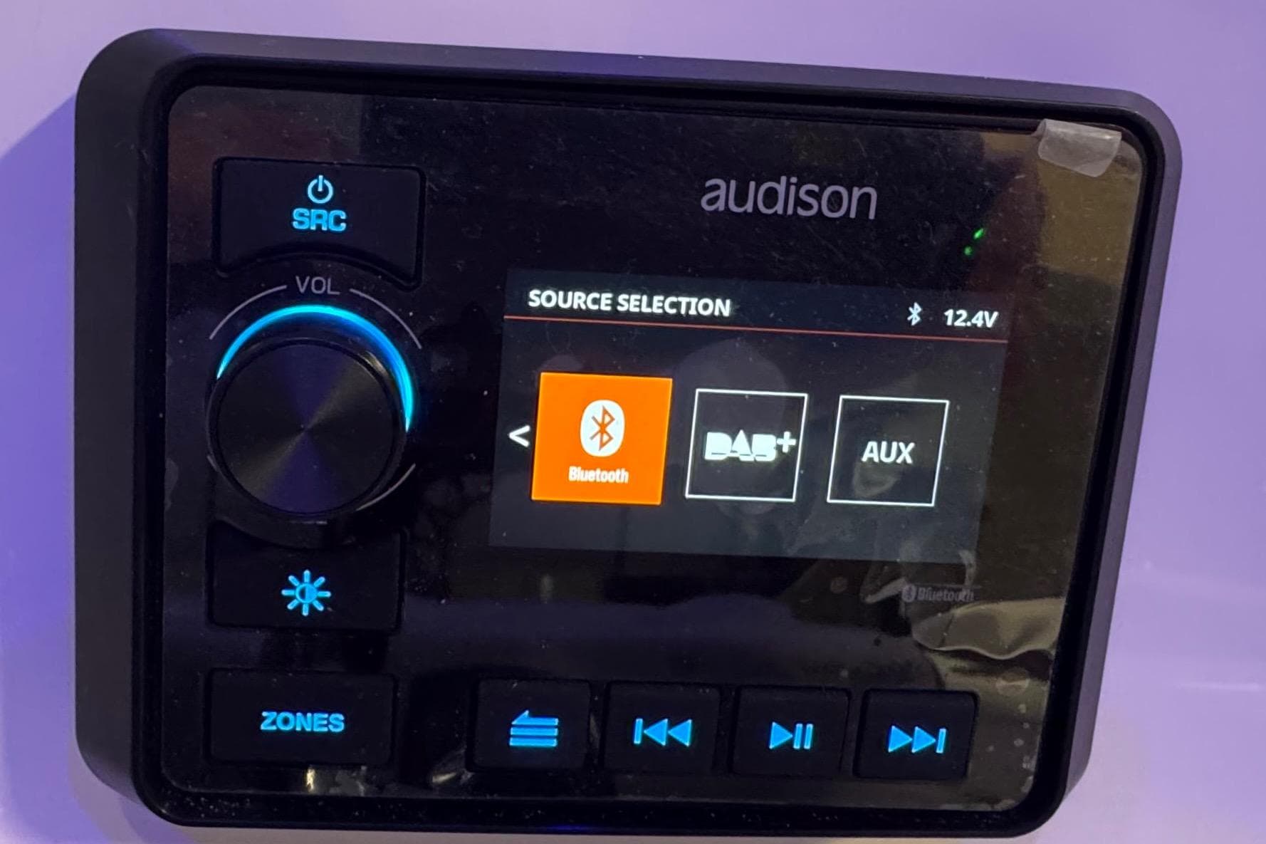 Audison audio control panel with Bluetooth, DAB+, AUX options on Sea Pro 222 Center Console 2026.