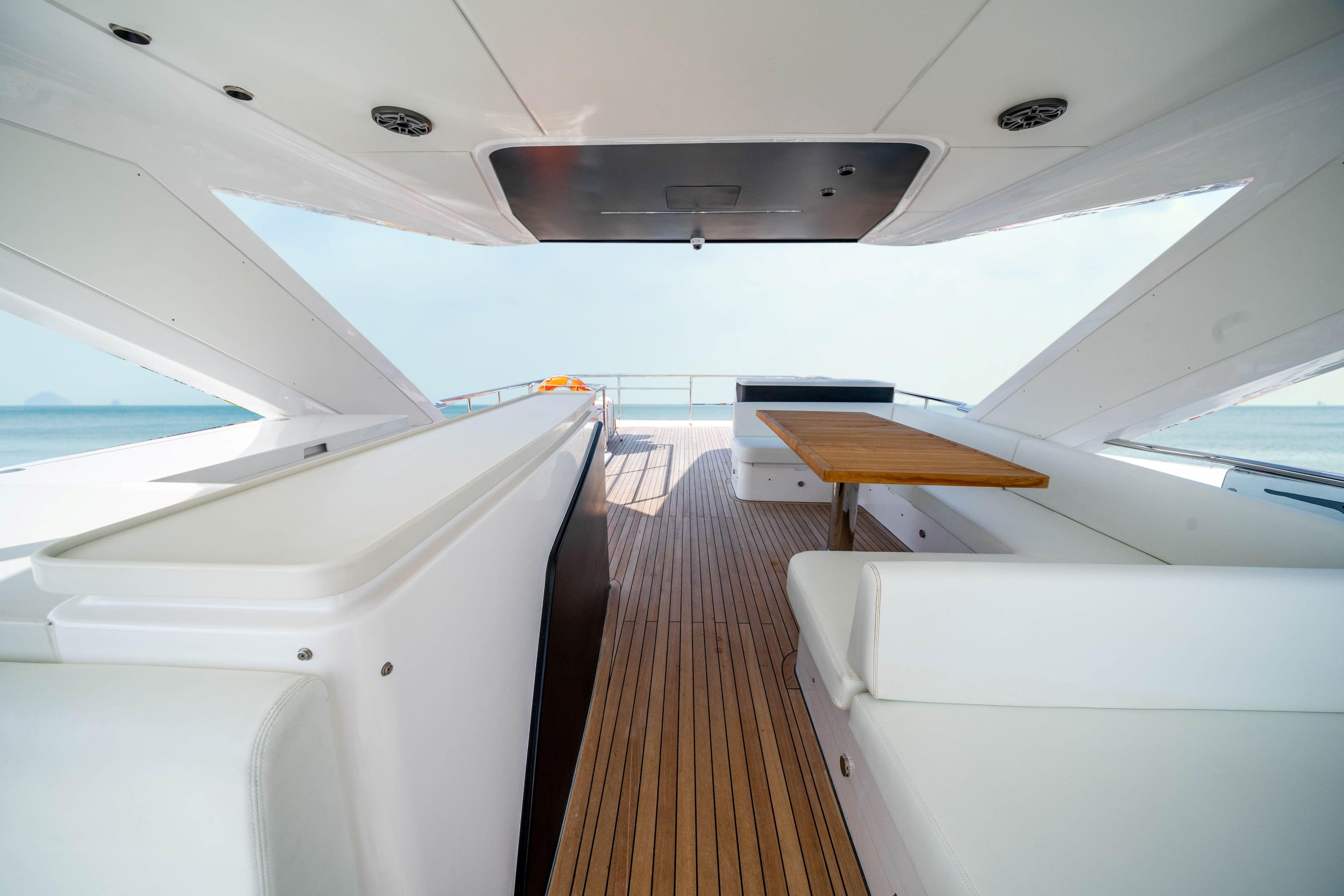 Luxurious 2025 Majesty 72 yacht interior with sleek design and spacious seating area.