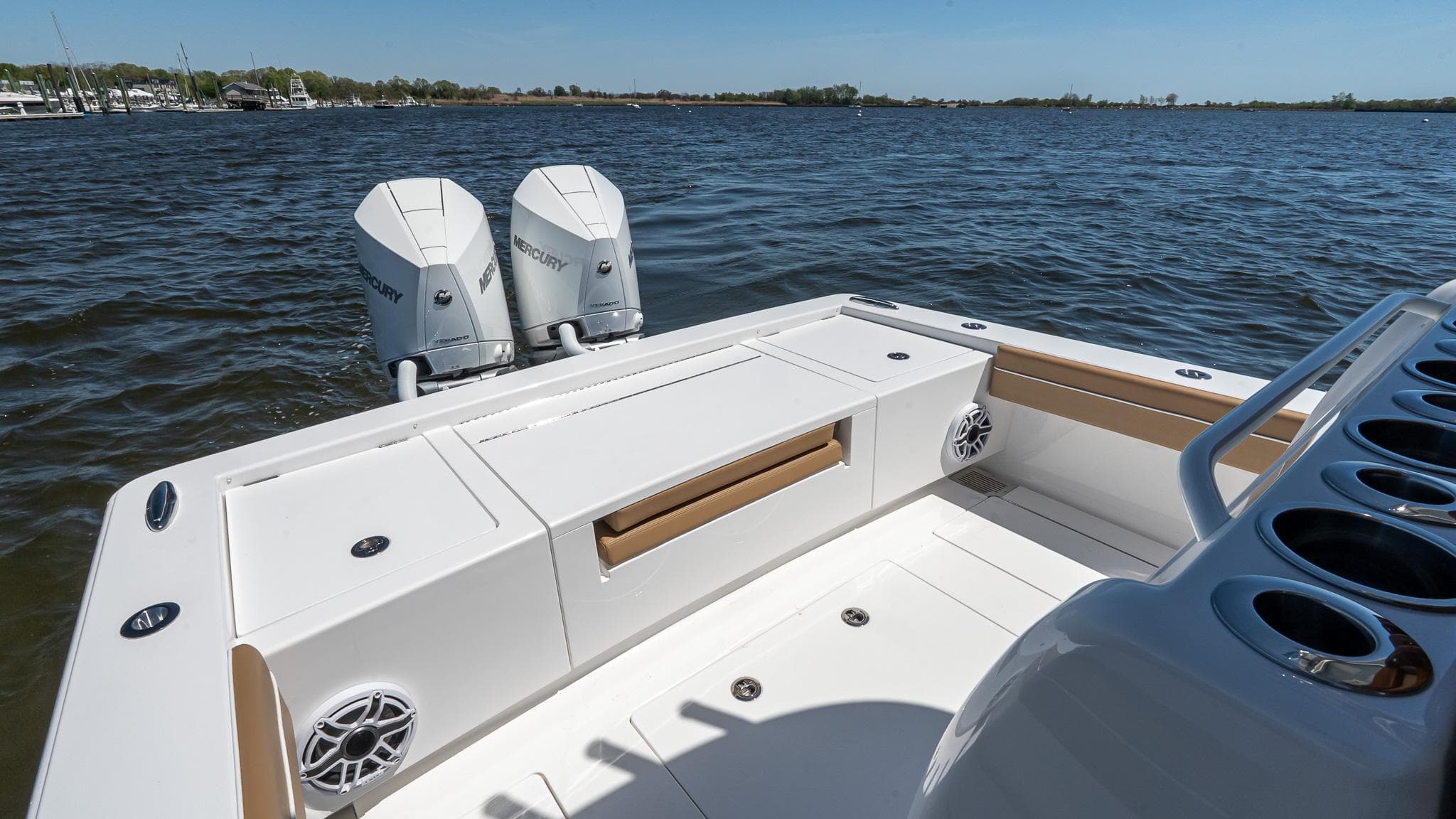 2025 Valhalla Boatworks V-29 Hybrid with dual engines on calm water.