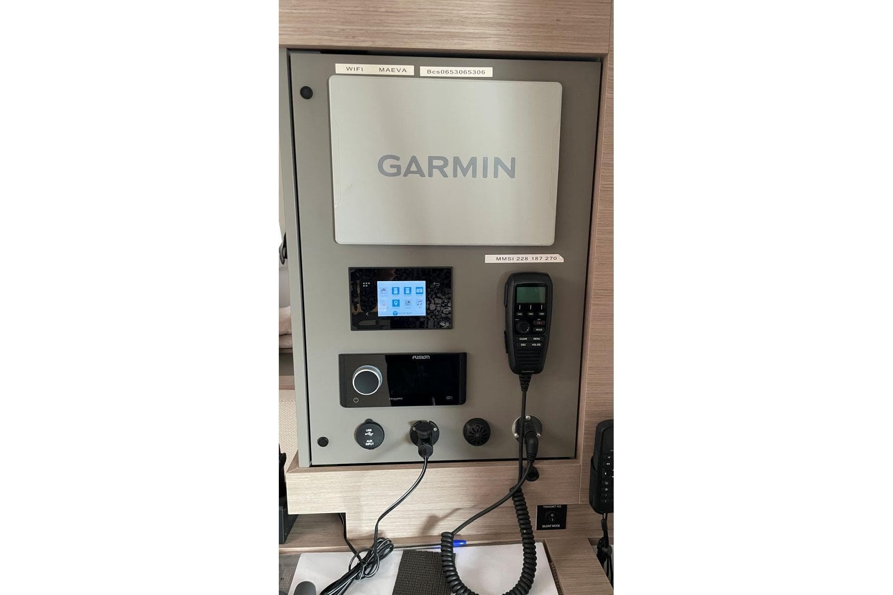 Control panel of 2023 Fountaine Pajot Catamaran Aura 51 with Garmin navigation system.