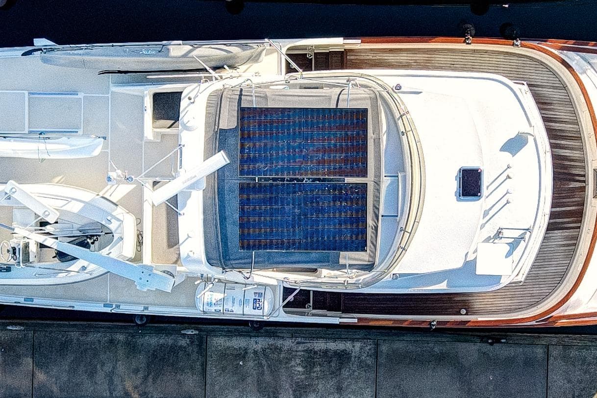 Top view of 2001 Fleming 55 Pilothouse yacht with solar panels on deck.