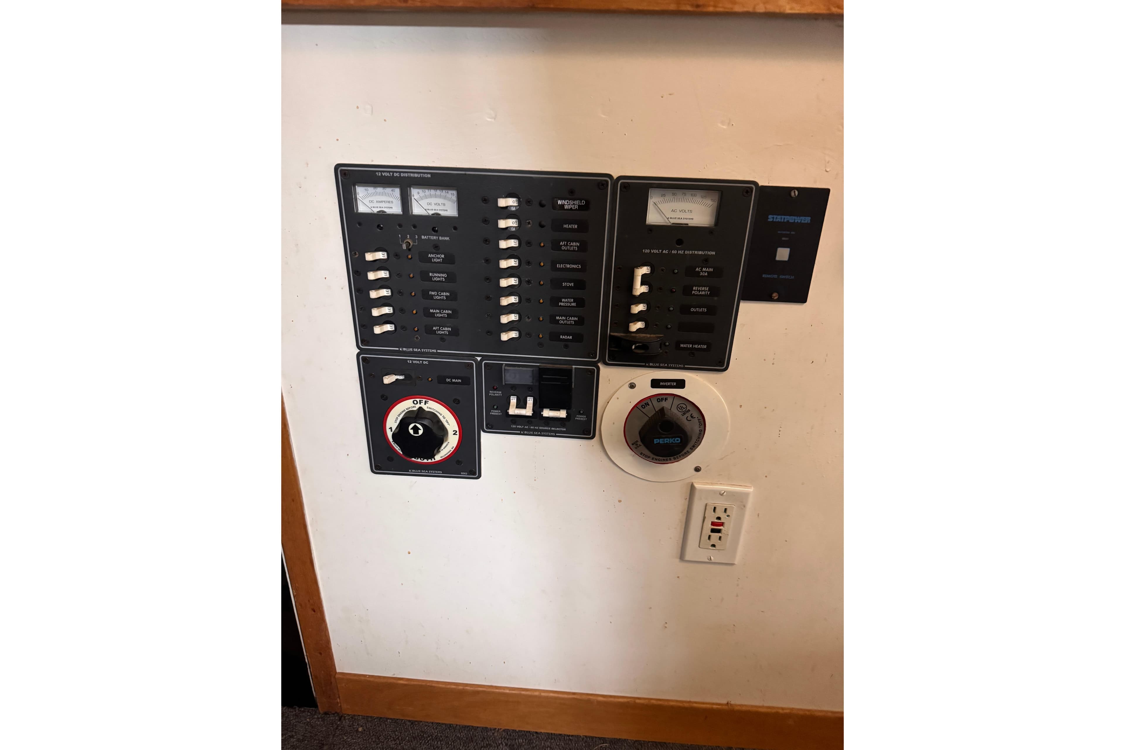 Electrical control panel on a 2000 Custom Yukon 42 Trawler boat.