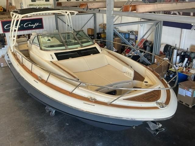 2018 Chris-Craft Launch 38 boat in a storage facility.