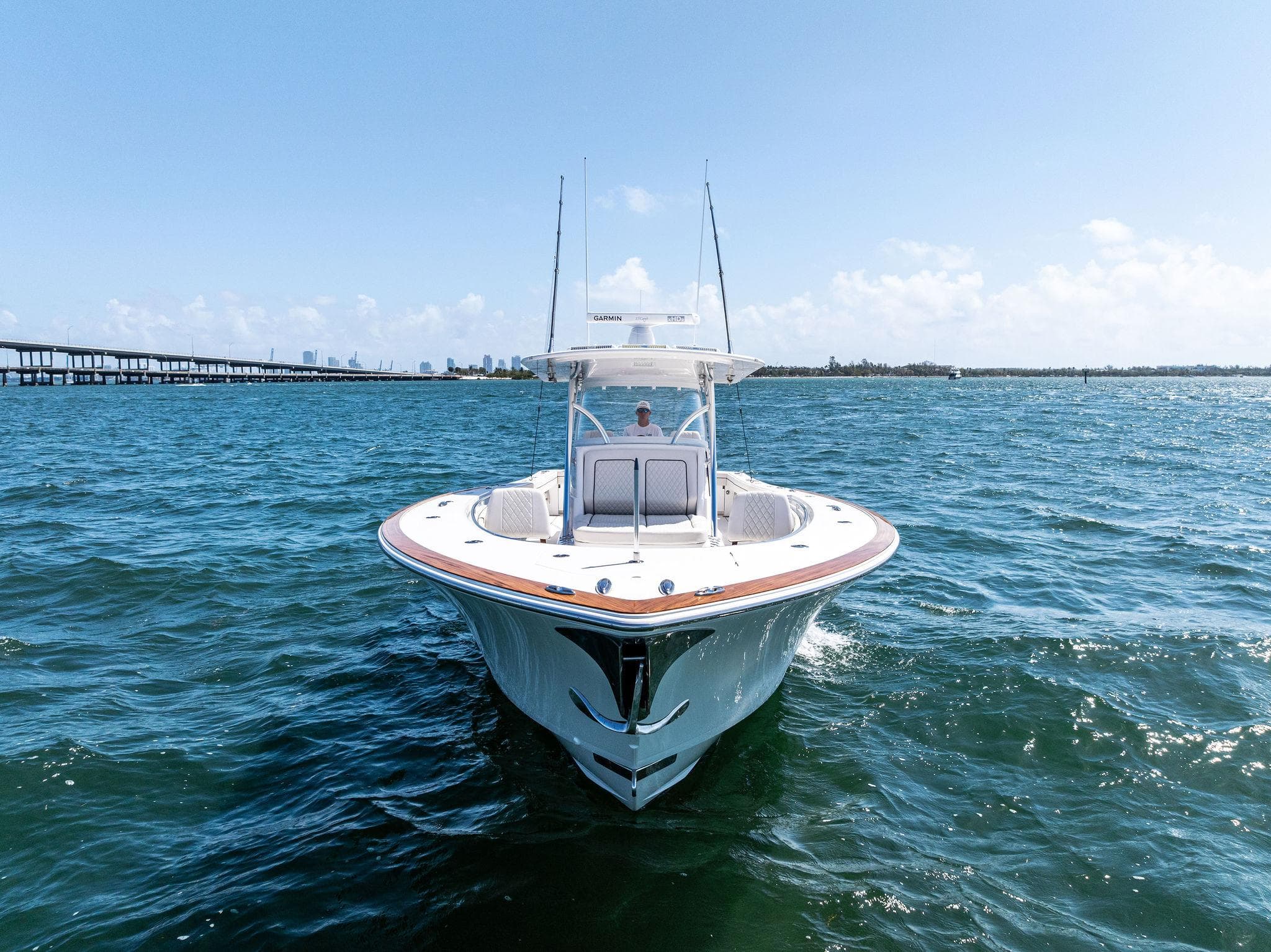 2021 Valhalla Boatworks V-41 on open water, clear sky background.