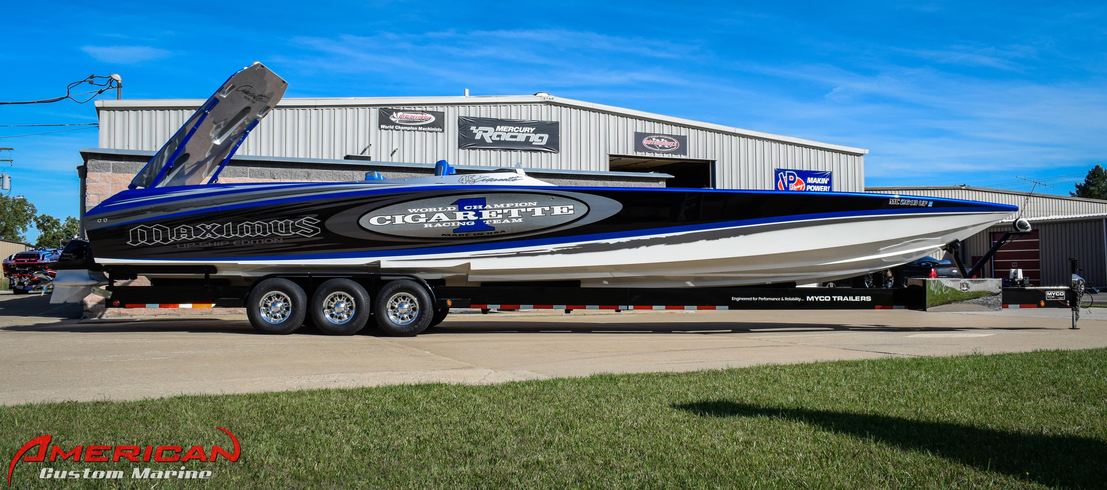 2005 Cigarette 45 Maximus boat on trailer outside American Custom Marine.