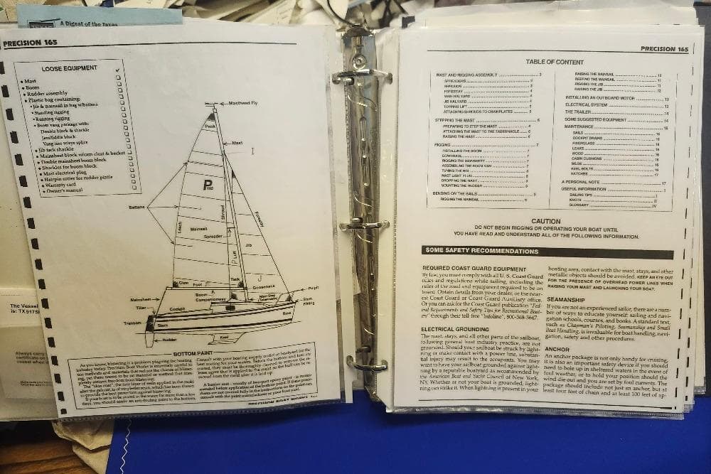 Manual pages for Precision 165 sailboat, featuring equipment list and safety recommendations.