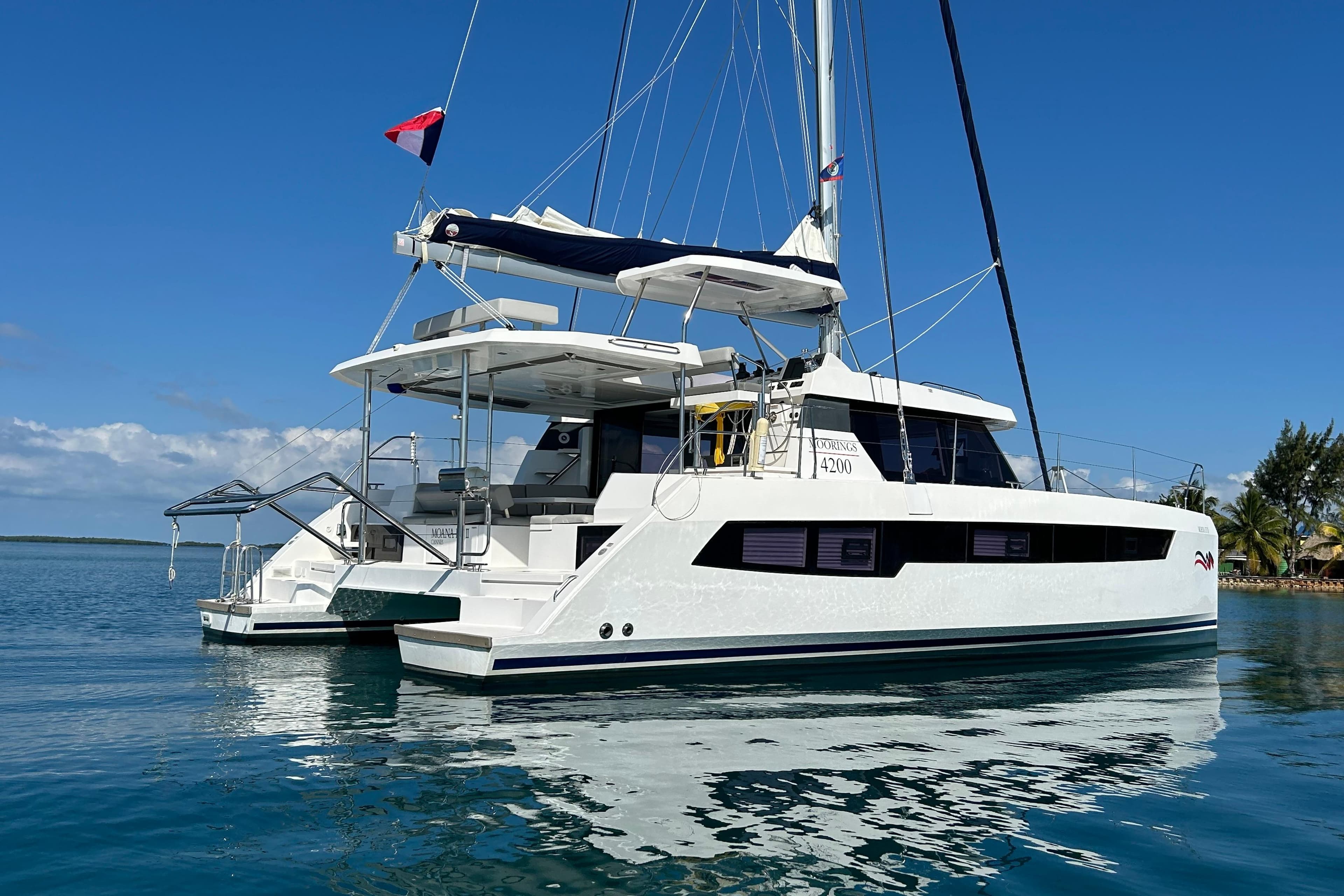 2022 Leopard 42 catamaran sailing on calm blue waters under a clear sky.
