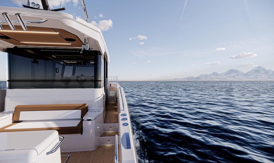 Luxury Oryx 37 LX yacht cruising on open sea, 2025 model.