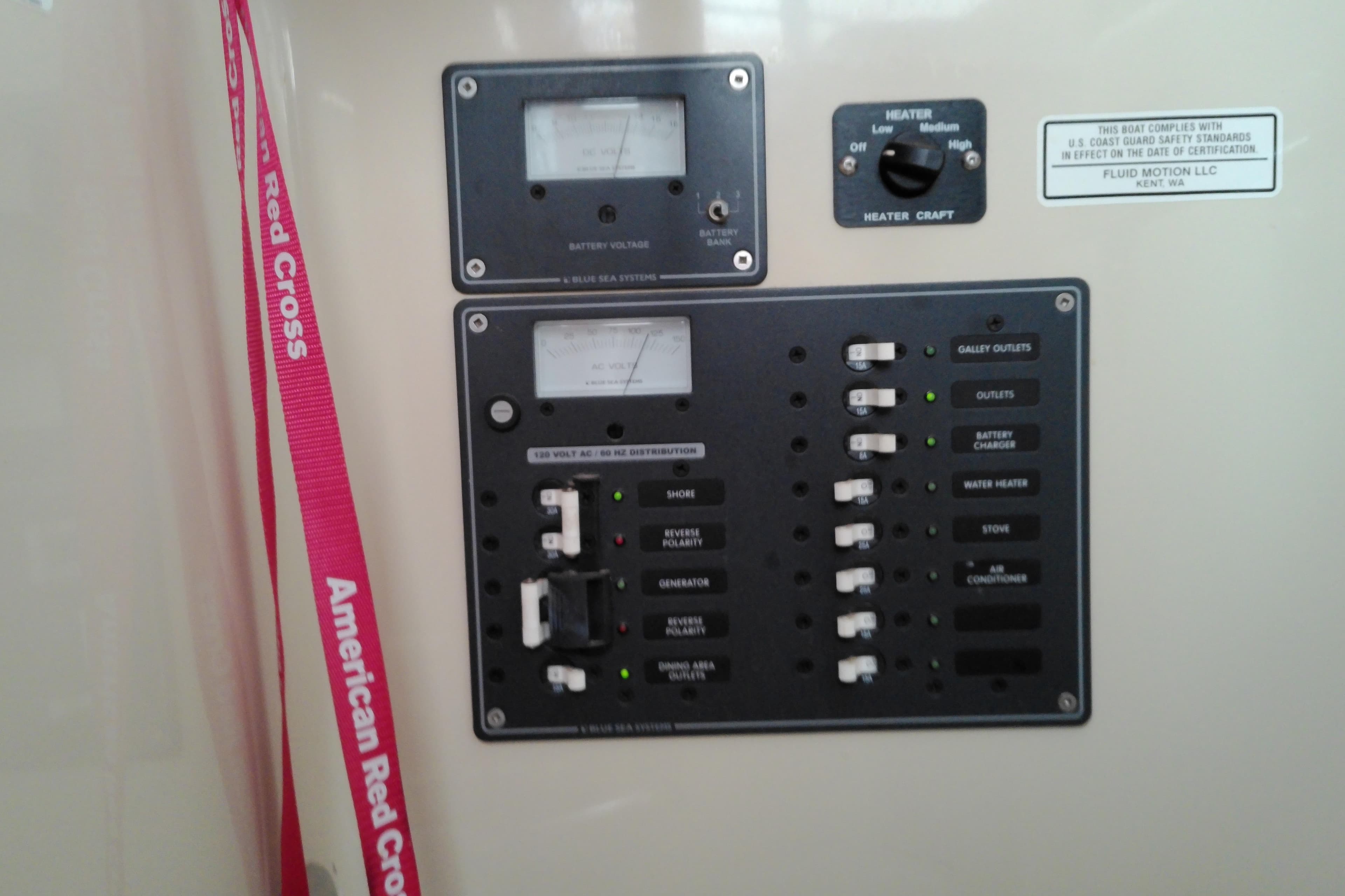 Electrical control panel on a 2010 Ranger Tugs R-25 boat.