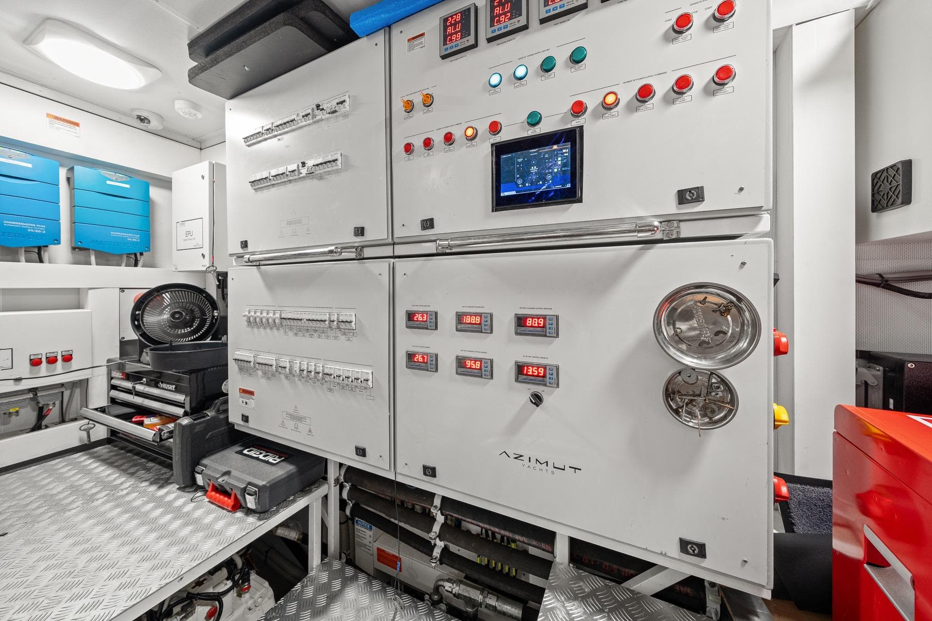 Control room of 2022 Azimut Grande 27 METRI yacht with advanced equipment and displays.