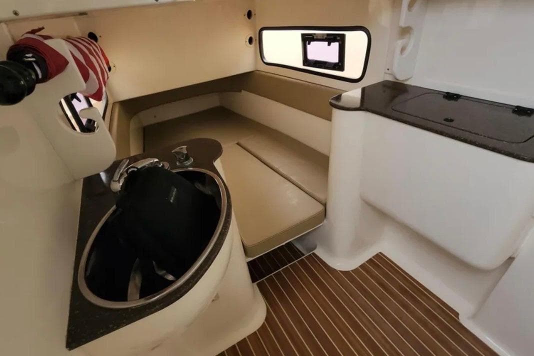2017 Scout 350 LXF cabin interior with sink, seating, and window.