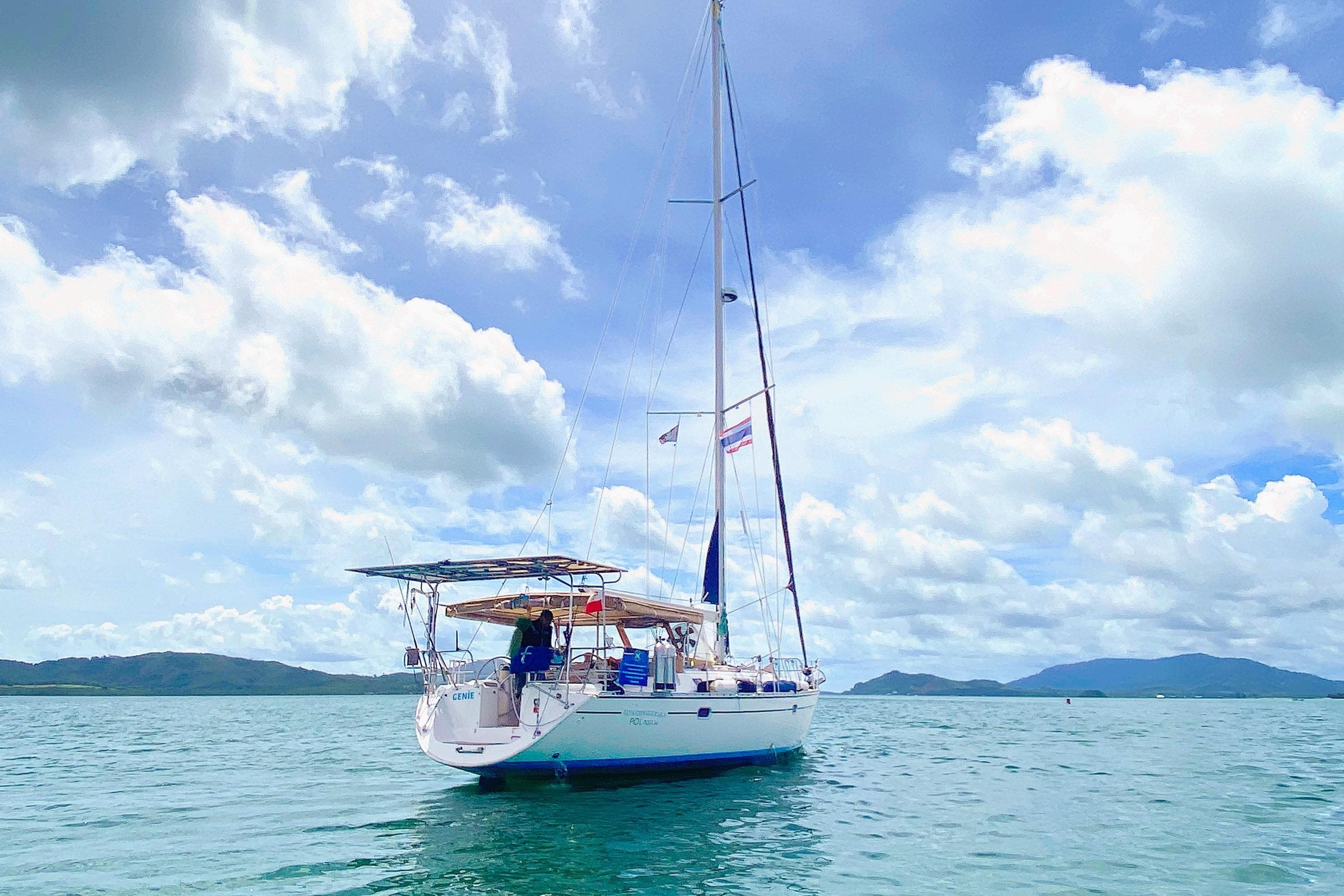 Sailboat Jeanneau Sun Odyssey 45.2 (2001) on calm sea under blue sky.