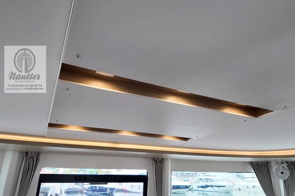 Interior ceiling of 2023 Lagoon 46 yacht with modern lighting design.
