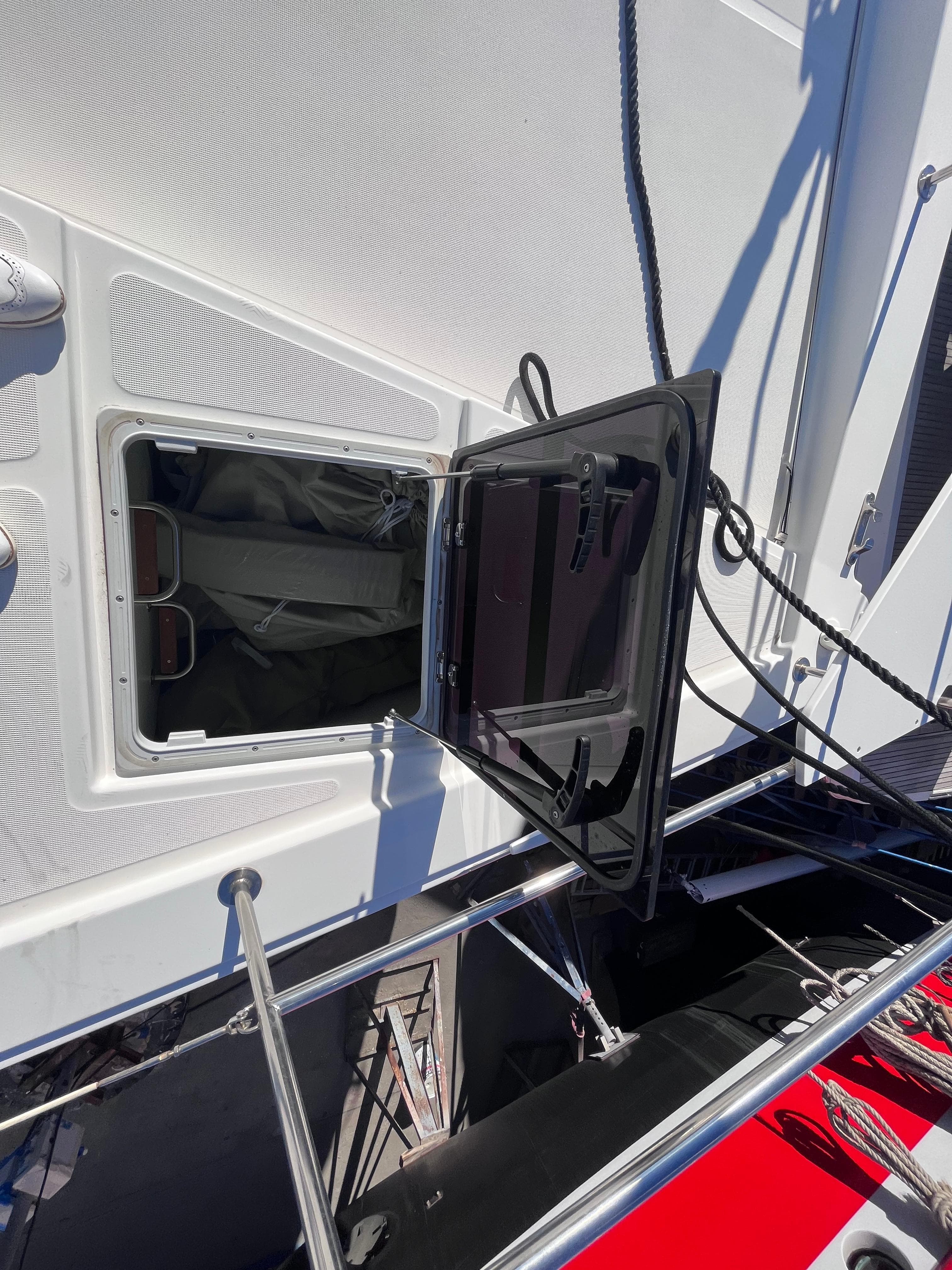 Open hatch on a 2021 Bali 4.6 yacht, showcasing sleek design and functionality.