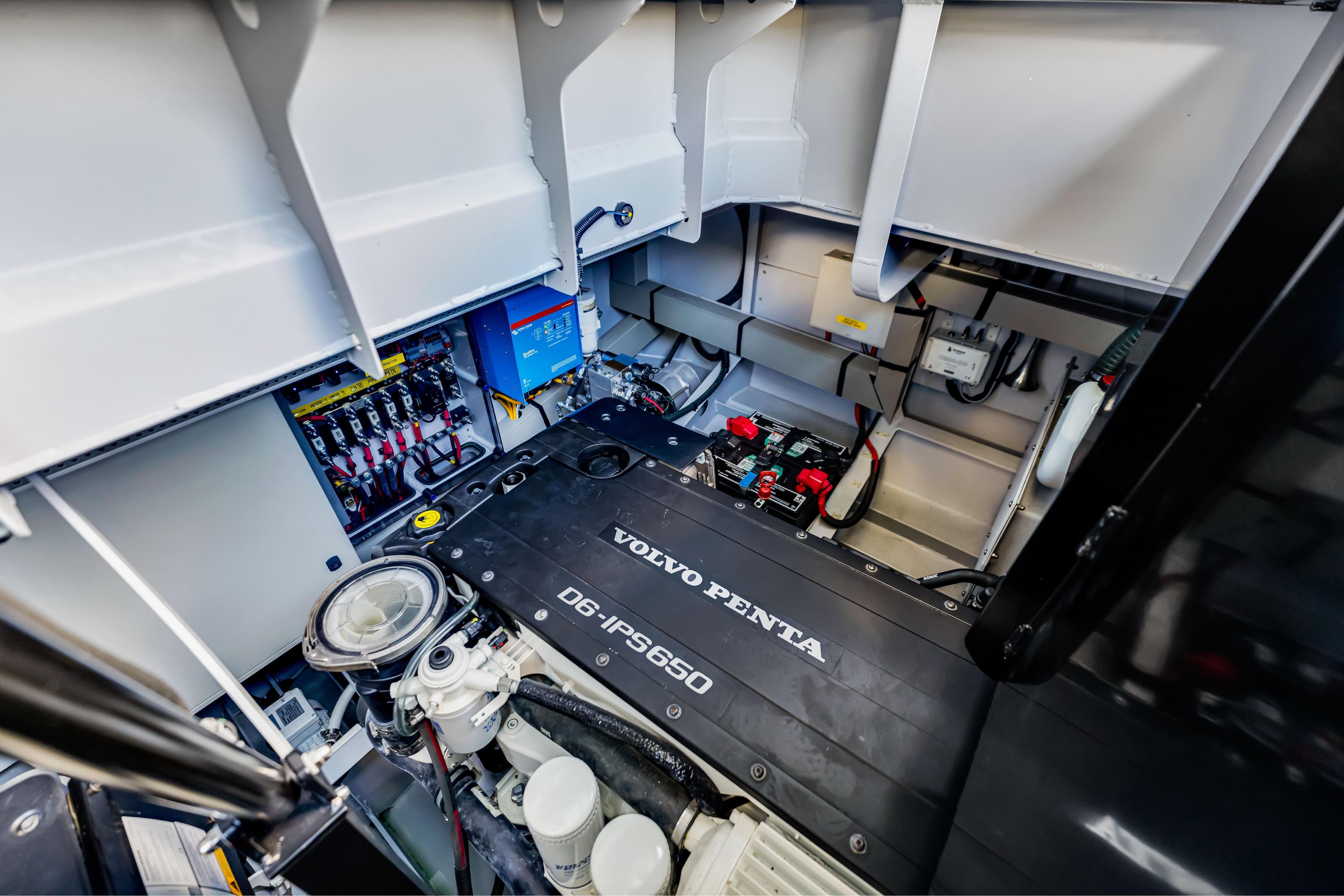 Engine room of 2021 Vanquish Yachts 45 featuring Volvo Penta D6-IPS650 engine.