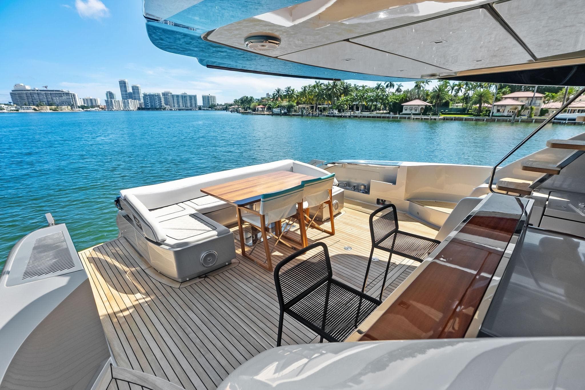 Luxurious deck of 2023 Riva 76 PERSEO Super yacht with waterfront view.