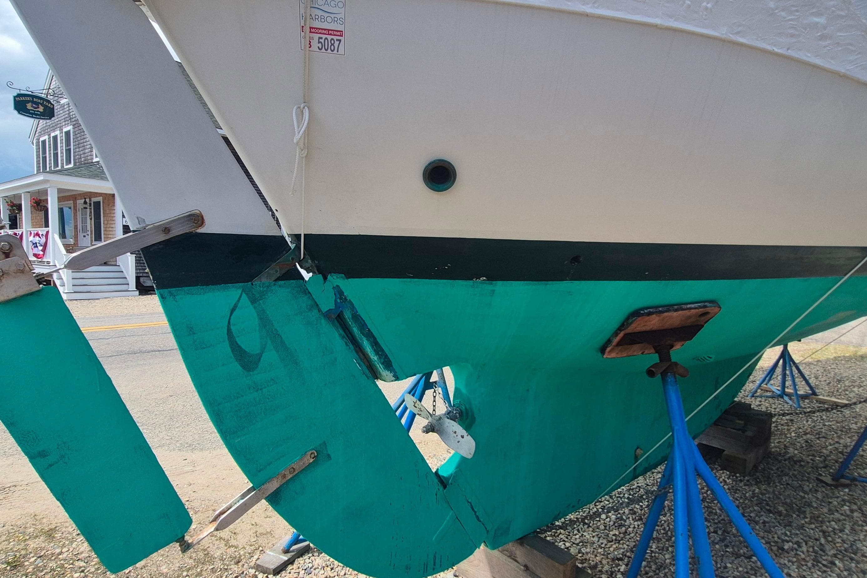 1996 Morris Yachts Frances sailboat on stands, showing hull and rudder details.