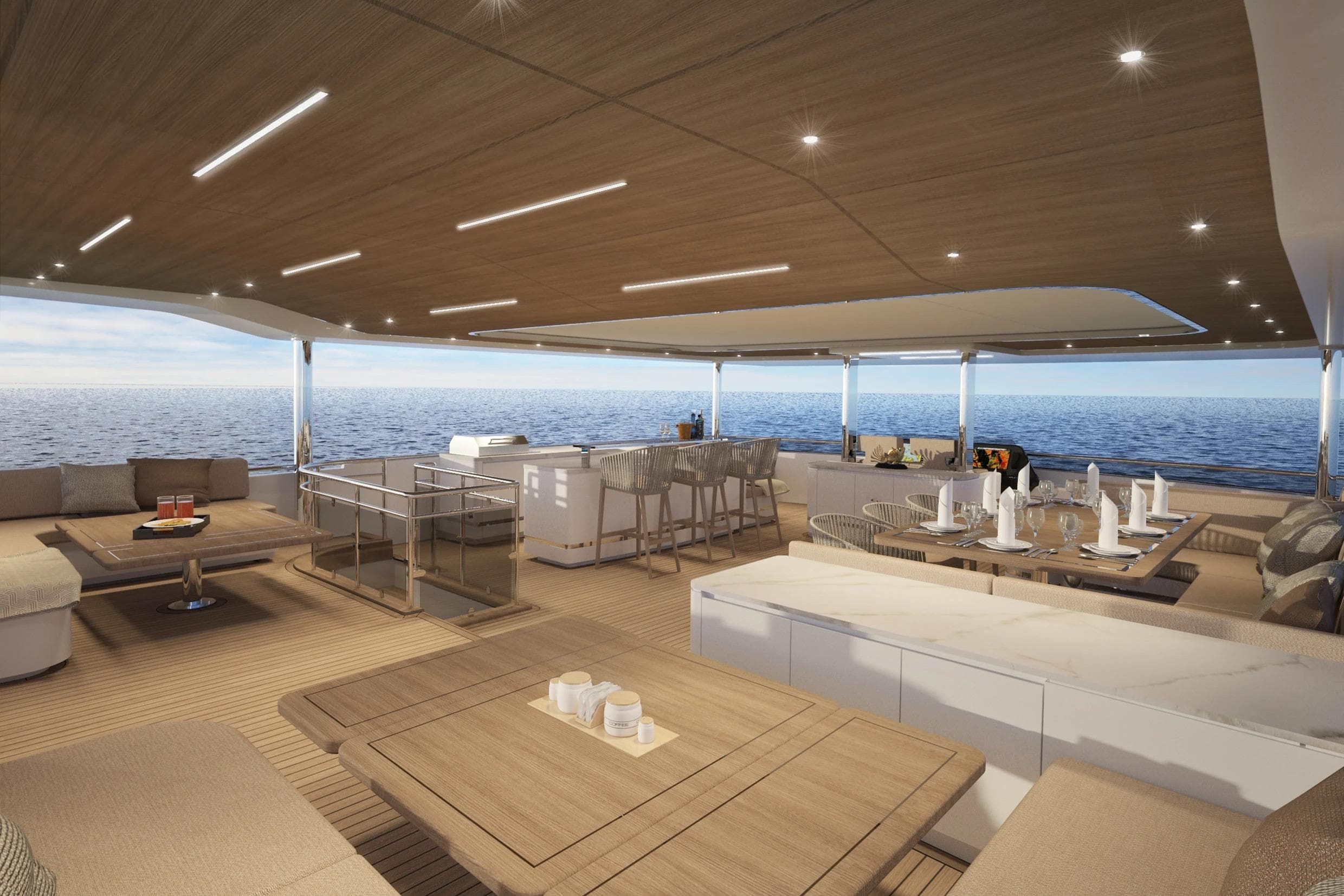 Luxurious 2026 Silent 80 yacht interior with elegant dining and lounge areas overlooking the ocean.