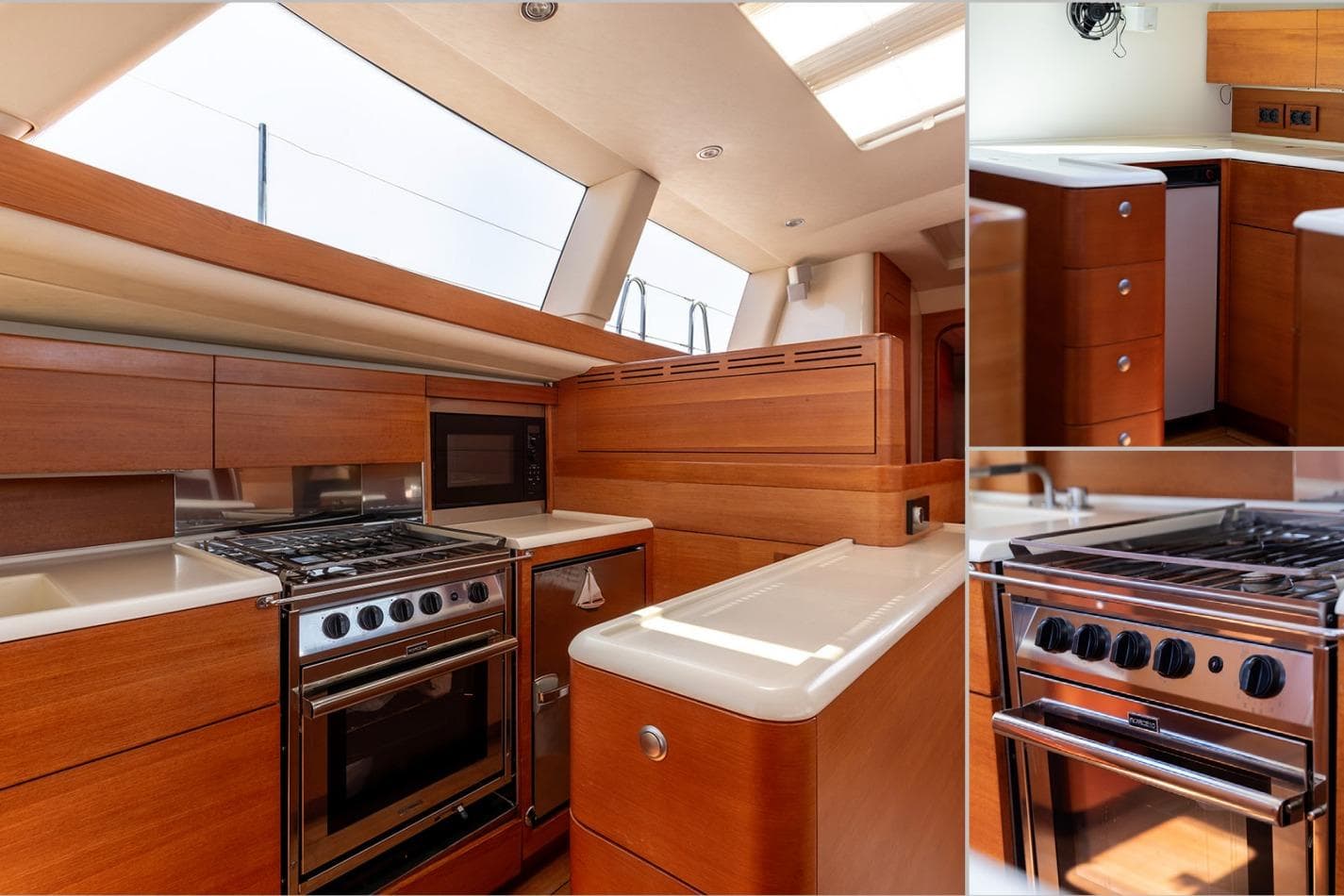 Luxurious 2009 Shipman 72 yacht kitchen with modern appliances and sleek wooden cabinetry.