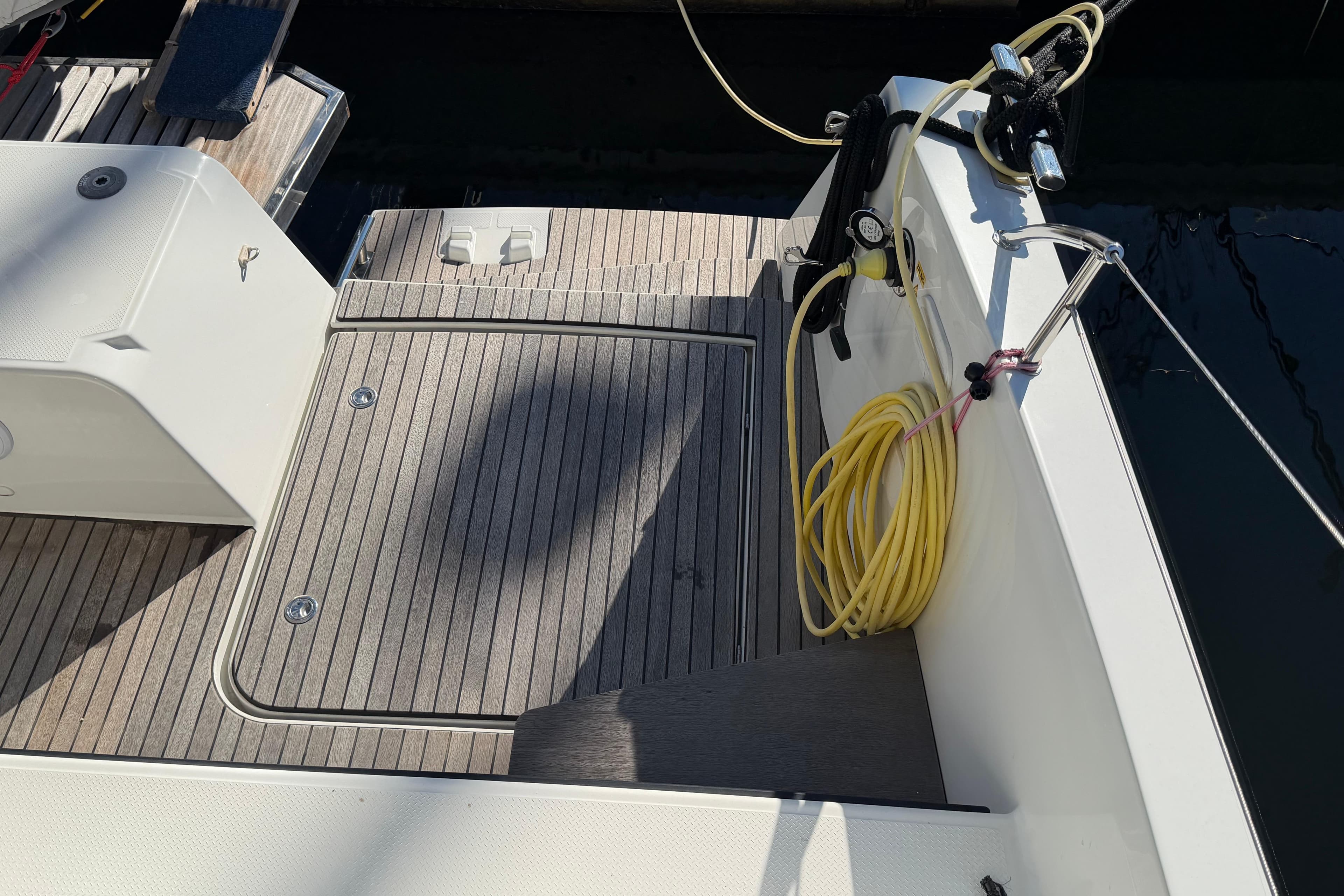 2024 Fountaine Pajot Astrea 42 Catamaran deck with coiled yellow rope.