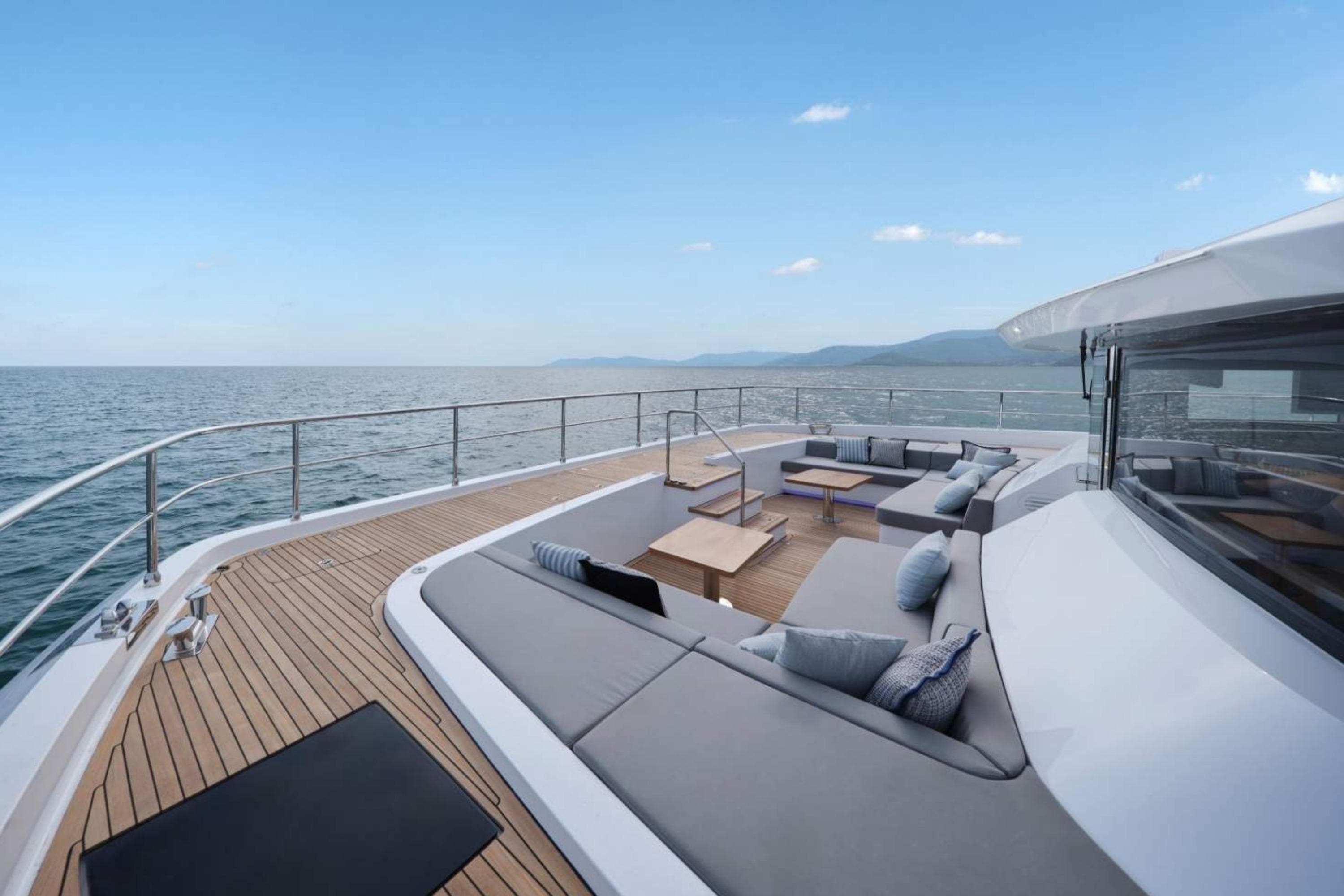 Luxurious 2026 Heysea V75 yacht deck with elegant seating and ocean view.