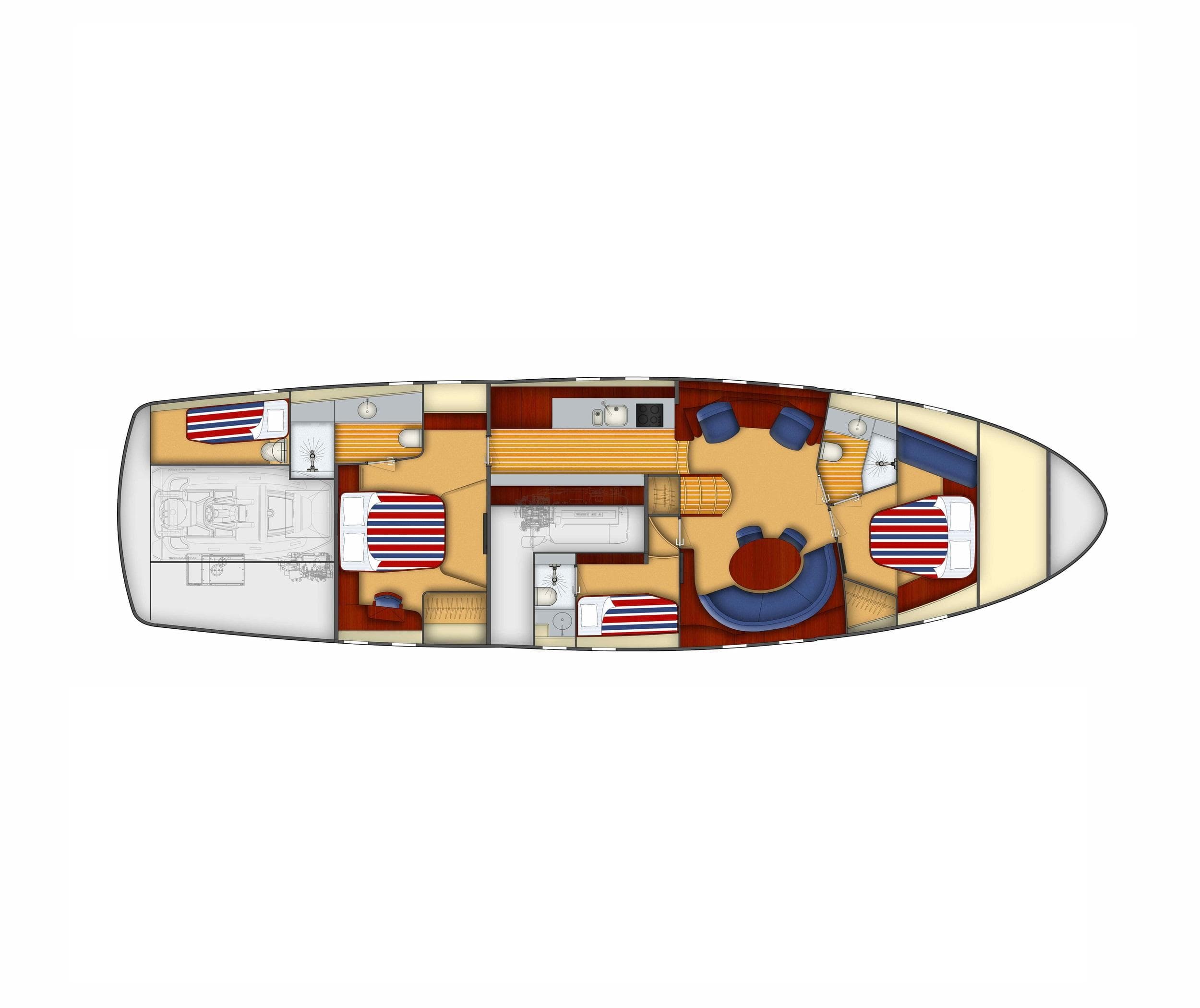 Floor plan of 2026 Elling E6 yacht, featuring cabins and living areas.