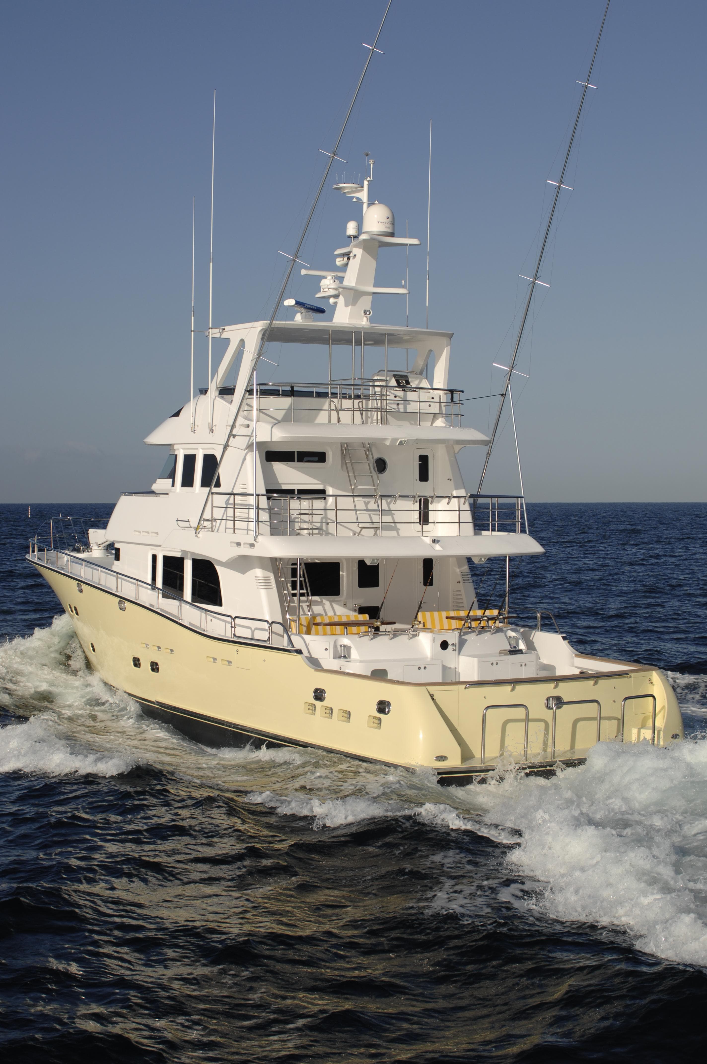 2025 Nordhavn 75 Expedition Yachtfisher cruising on open sea.
