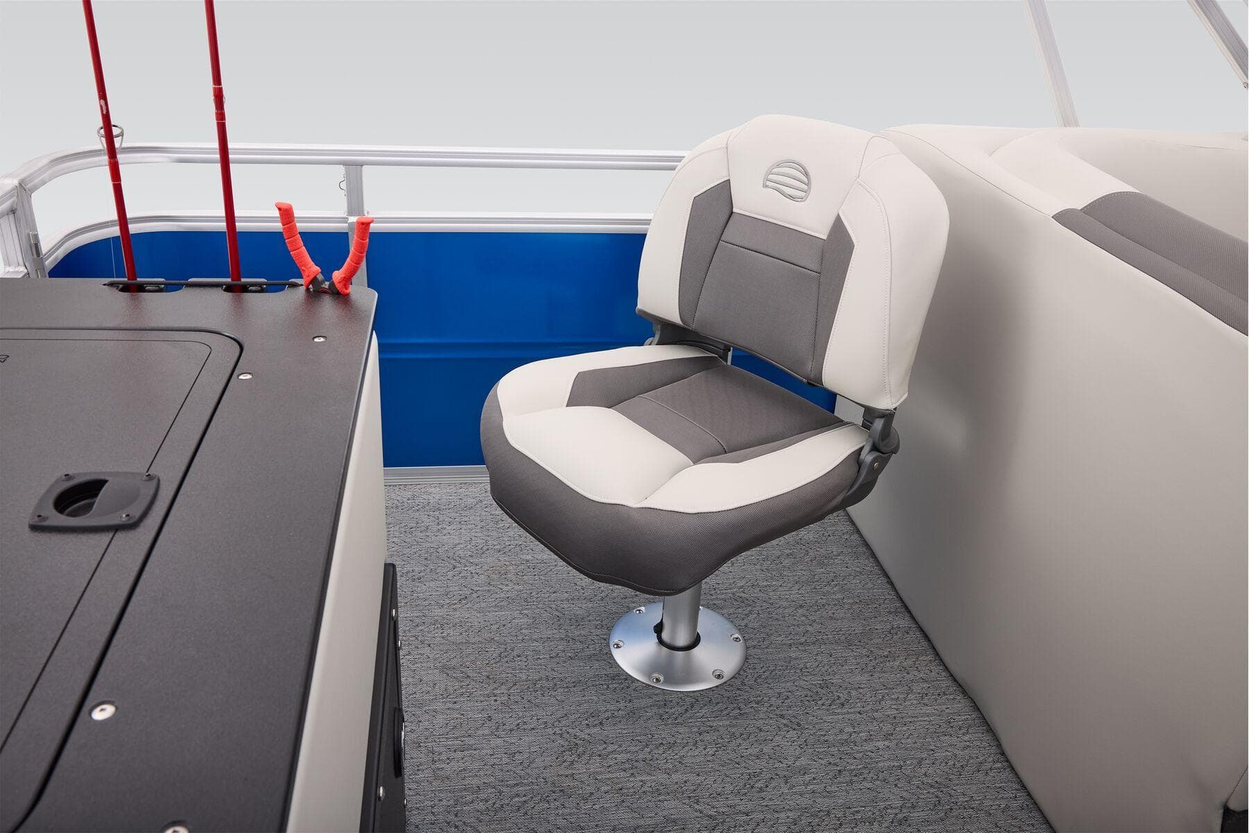 Manufacturer Provided Image: 2026 Sun Tracker Fishin' Barge 20 DLX interior with swivel seat and fishing rod holders.