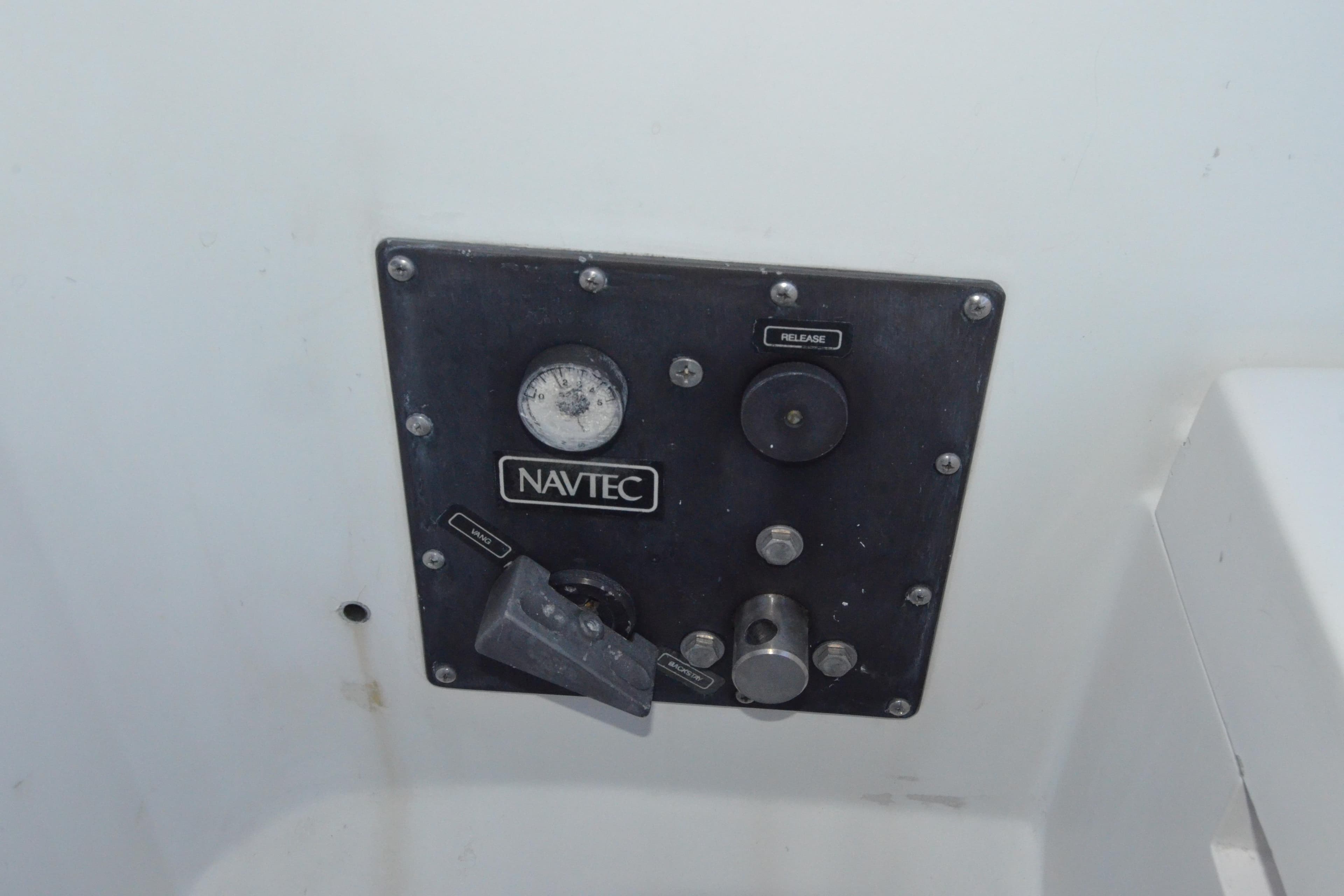 Control panel of a 1983 Nordic 44 sailboat featuring Navtec hydraulic system.
