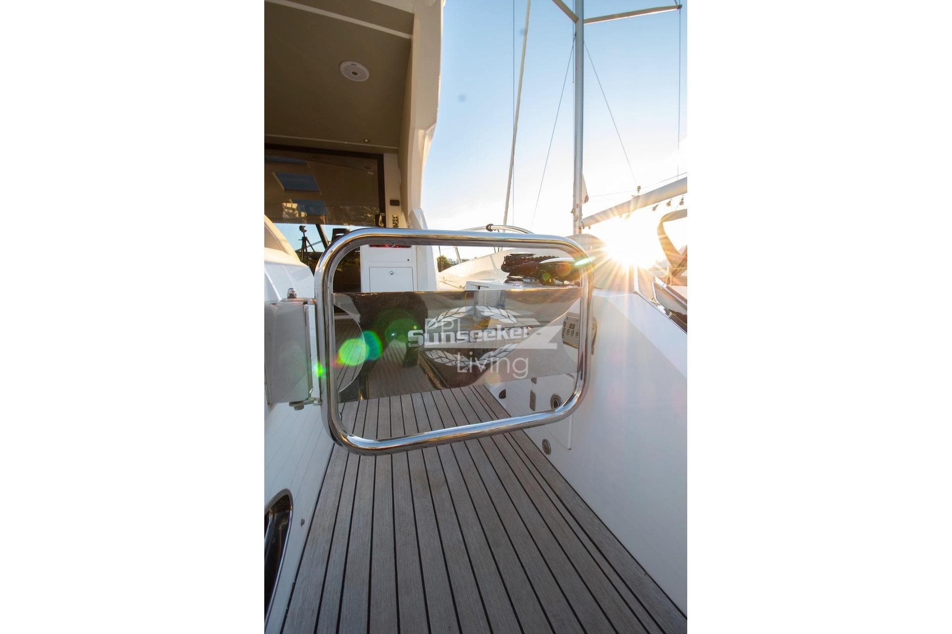 Sunseeker Predator 57 yacht deck with sunset view, 2015 model.
