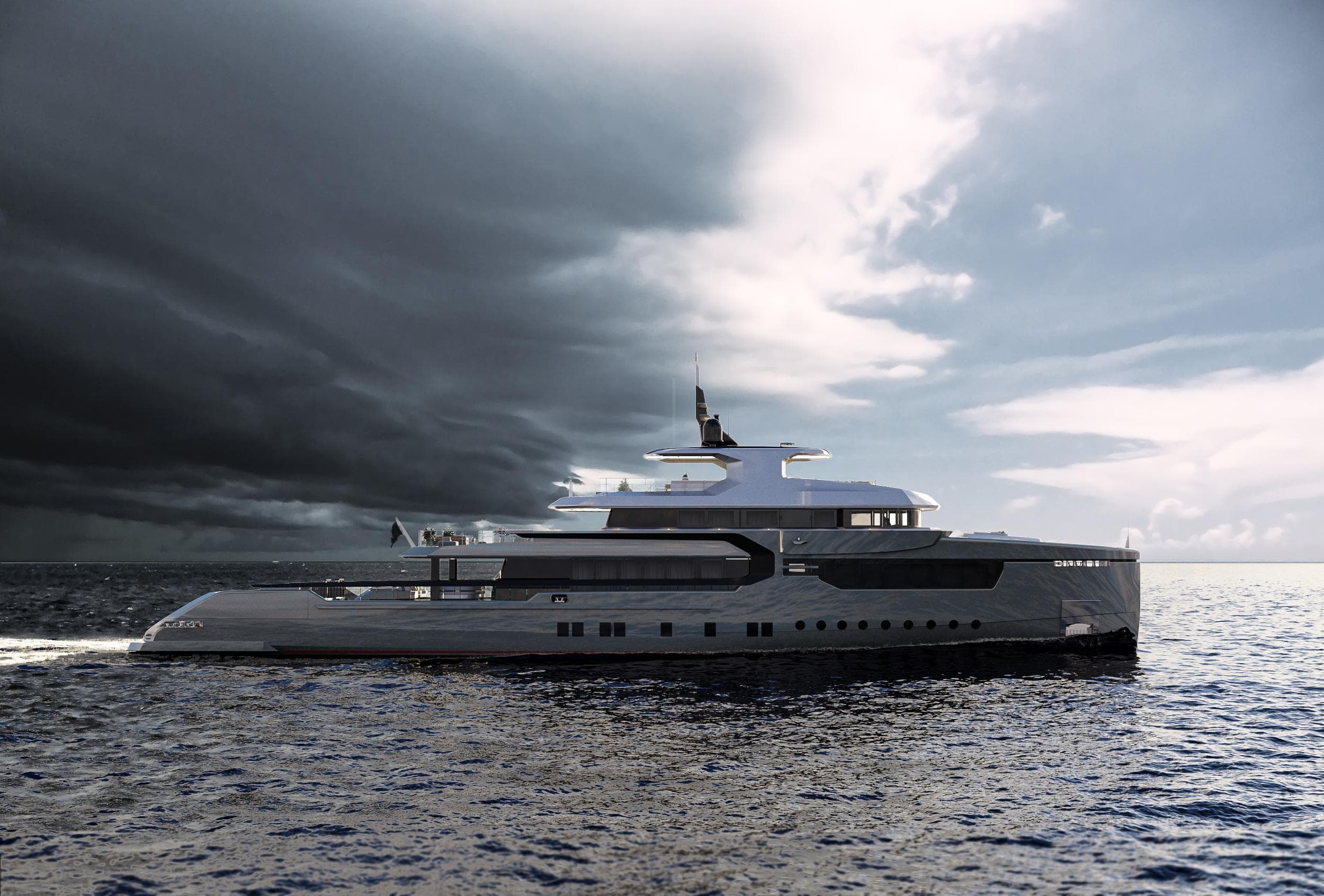 Luxurious RMK Marine 50 yacht cruising under dramatic skies, 2026 model.