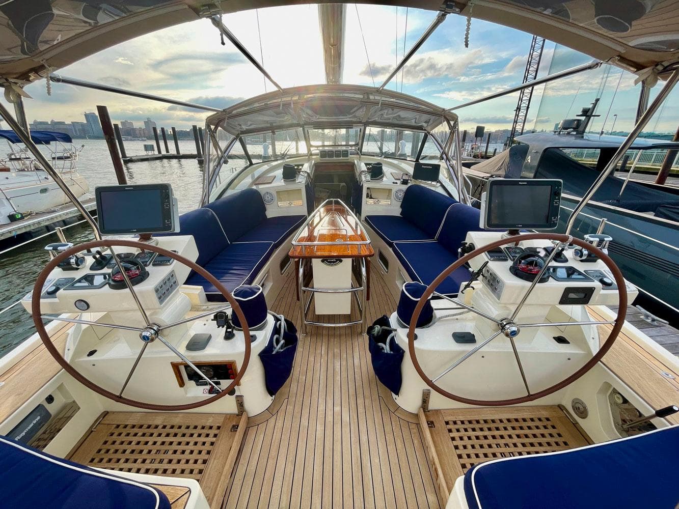 Cockpit of 2010 Southerly 57 RS yacht with dual steering wheels.