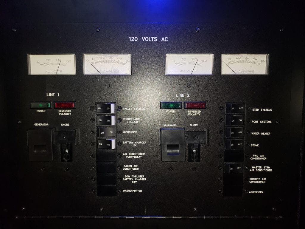 Electrical control panel of a 2008 Sea Ray 38 Sundancer boat.