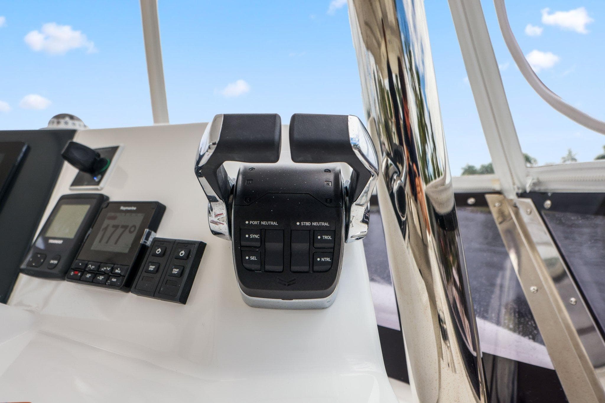 Control panel of 2025 Leopard 53 Powercat with throttle and navigation instruments.