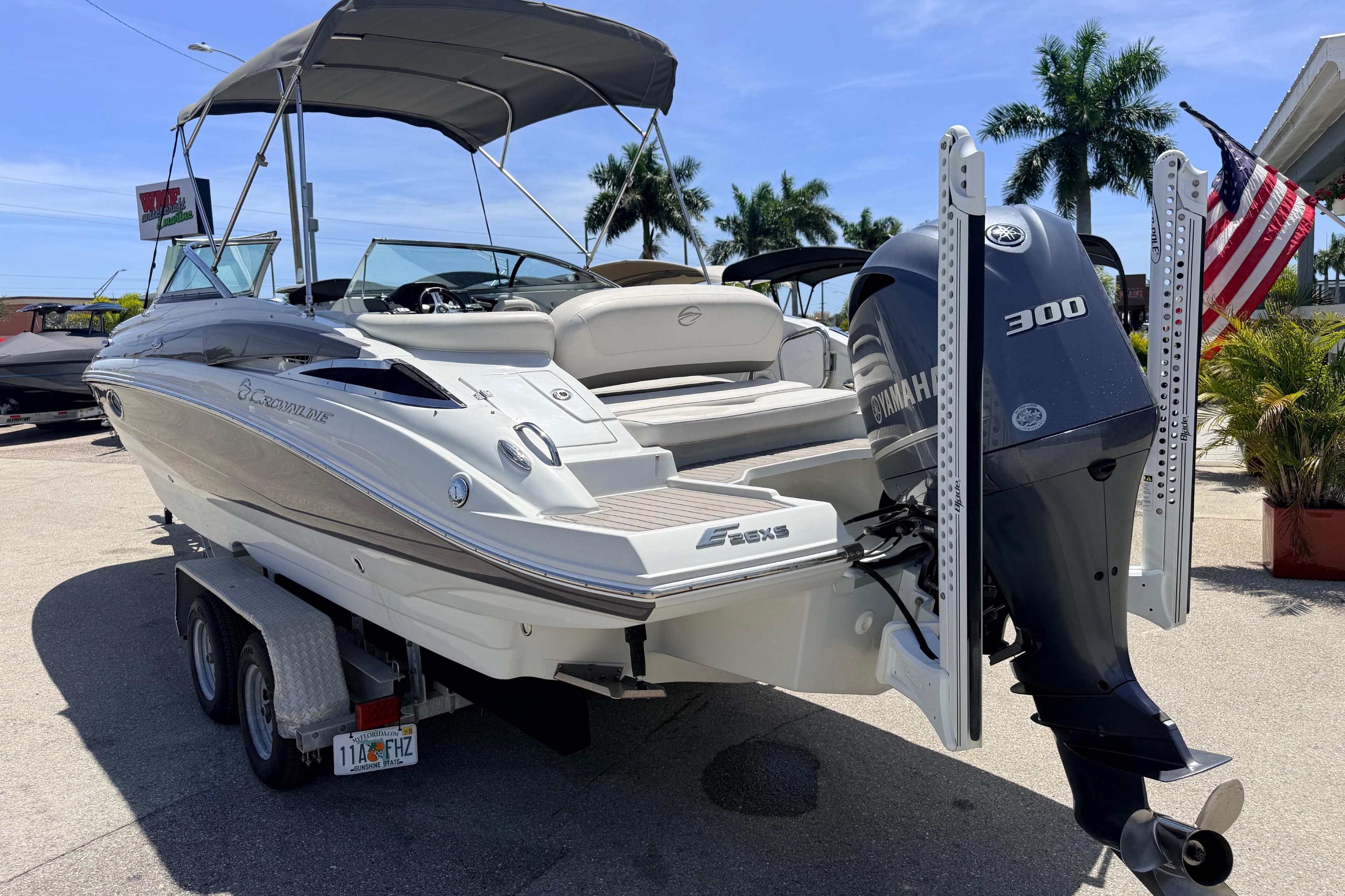 2018 Crownline Eclipse E26 XS boat with Yamaha 300 engine on trailer.