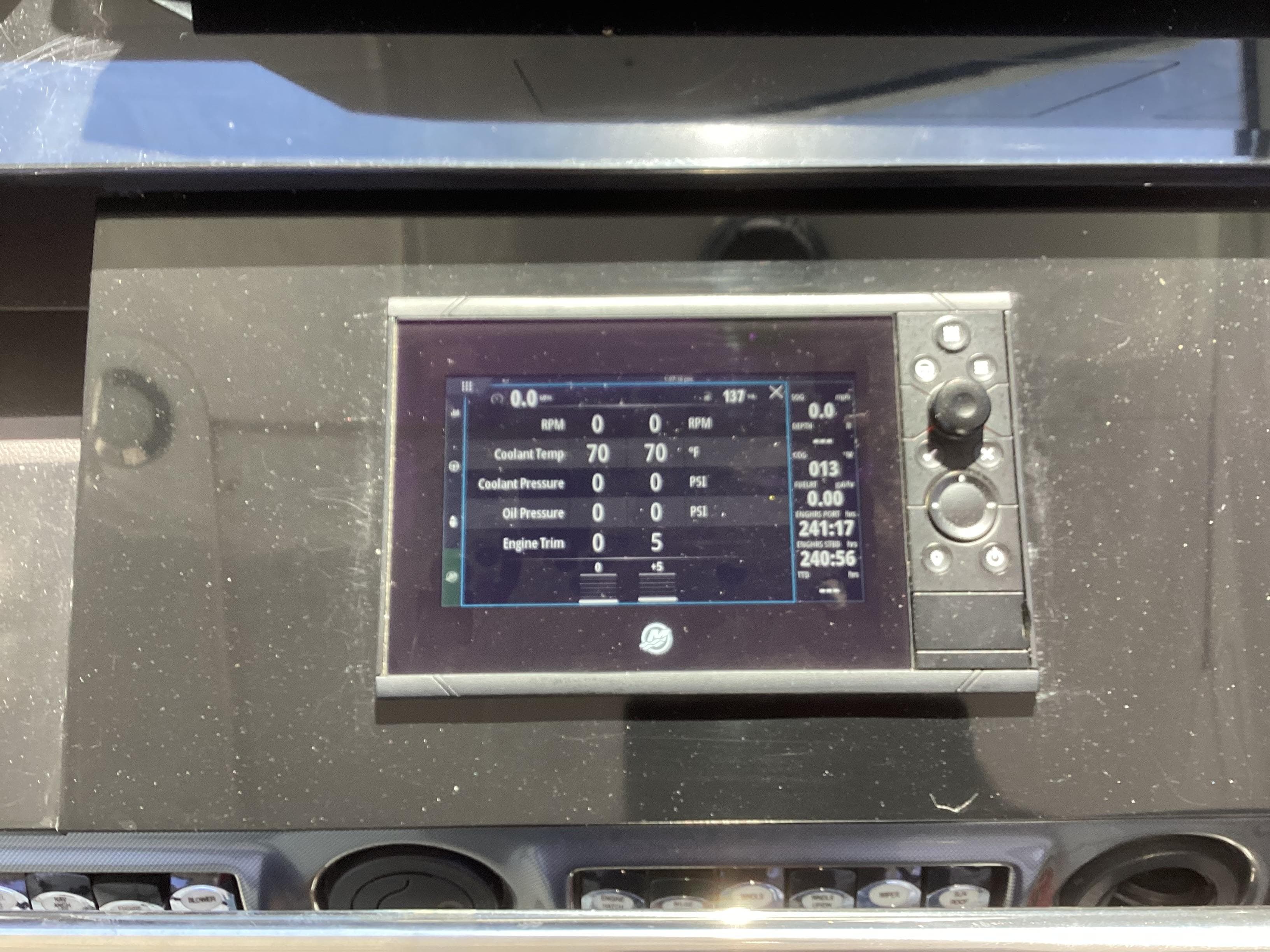 Dashboard of 2020 Formula 380 Super Sport Crossover with digital display and controls.