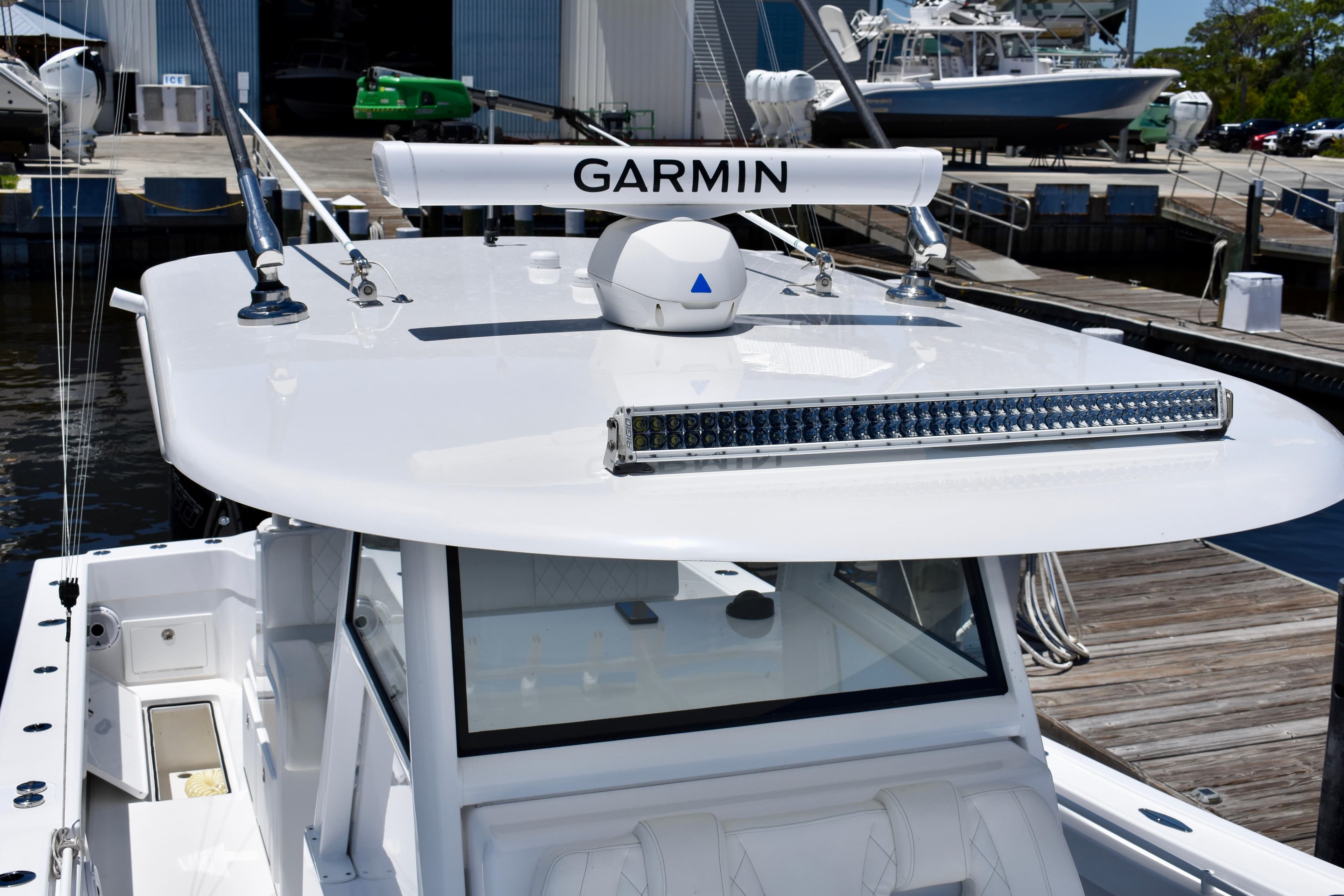 2022 Onslow Bay 41 Tournament boat with Garmin equipment at a marina dock.