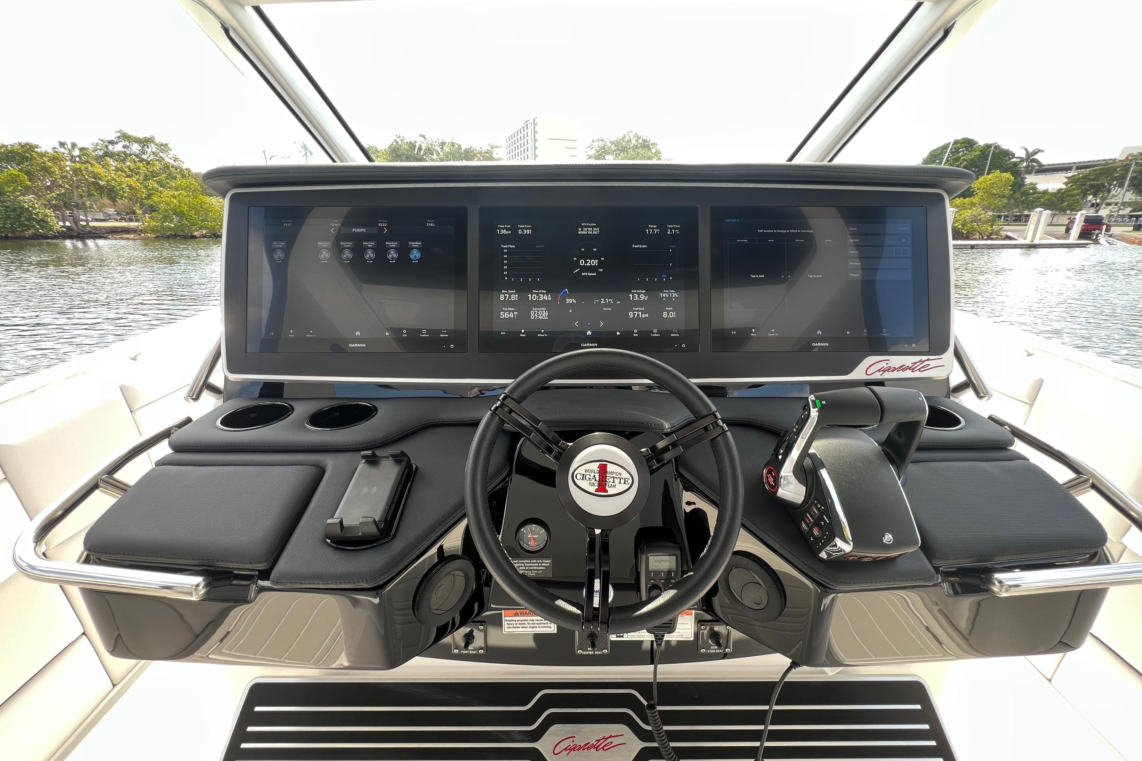 2025 Cigarette 41 Nighthawk boat dashboard with advanced navigation screens and controls.
