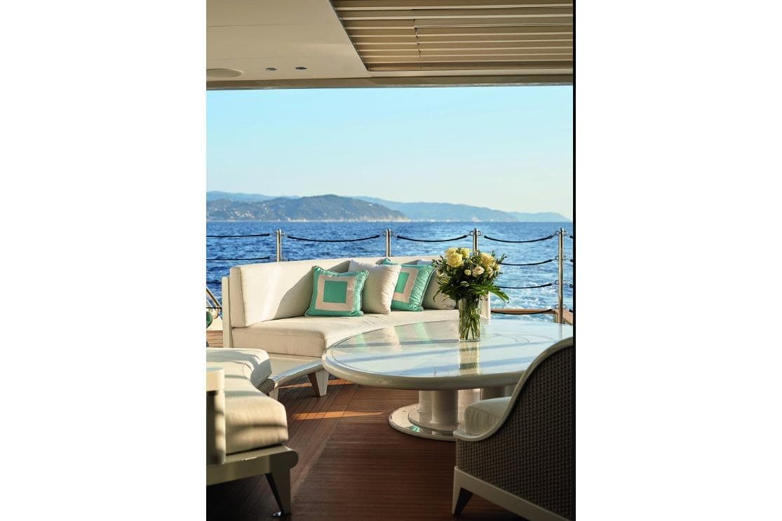 Luxurious Benetti B.NOW 50M yacht deck with elegant seating and ocean view, 2021 model.