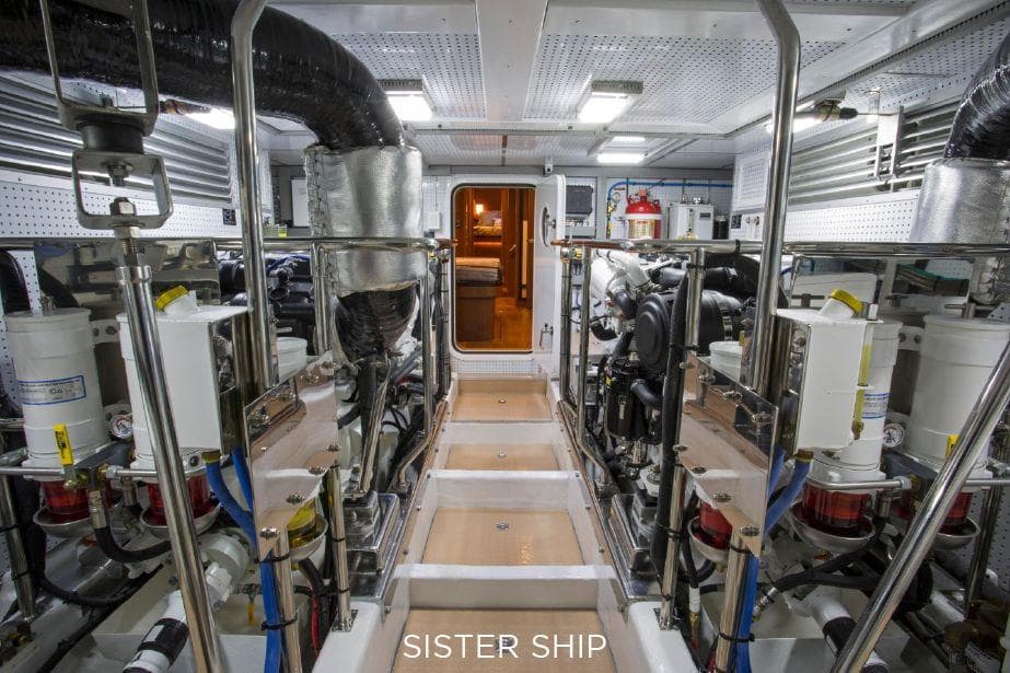 Engine room of 2027 Outer Reef Yachts 580 Motoryacht, showcasing advanced machinery and equipment.