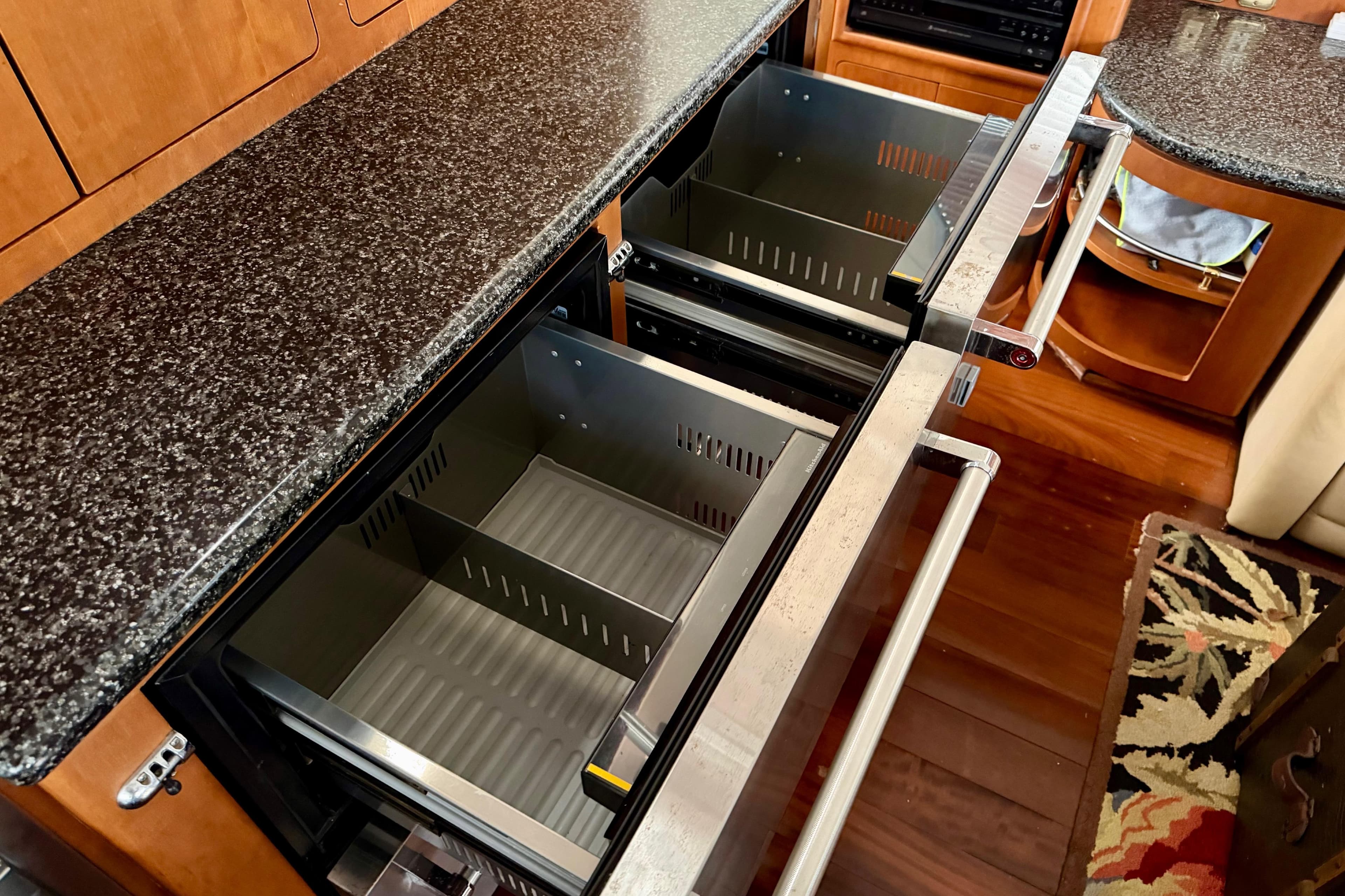 Kitchen drawers in 1999 Carver 530 Voyager Pilothouse with granite countertop.