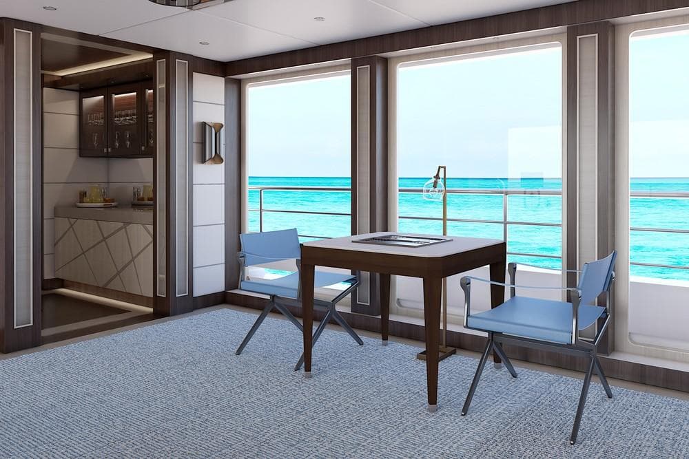 Luxurious yacht interior with ocean view, modern furniture, and elegant design. Burger 55m, 2028 model.
