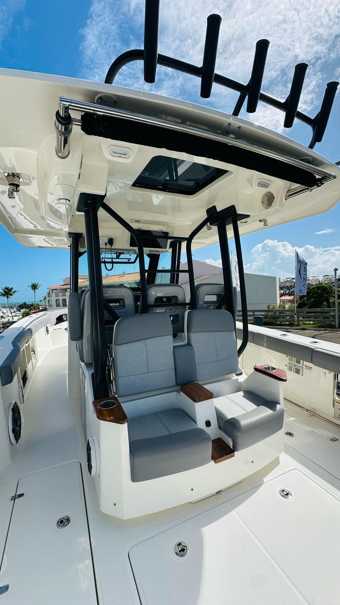 2023 Boston Whaler 360 Outrage boat with sleek seating and modern design.
