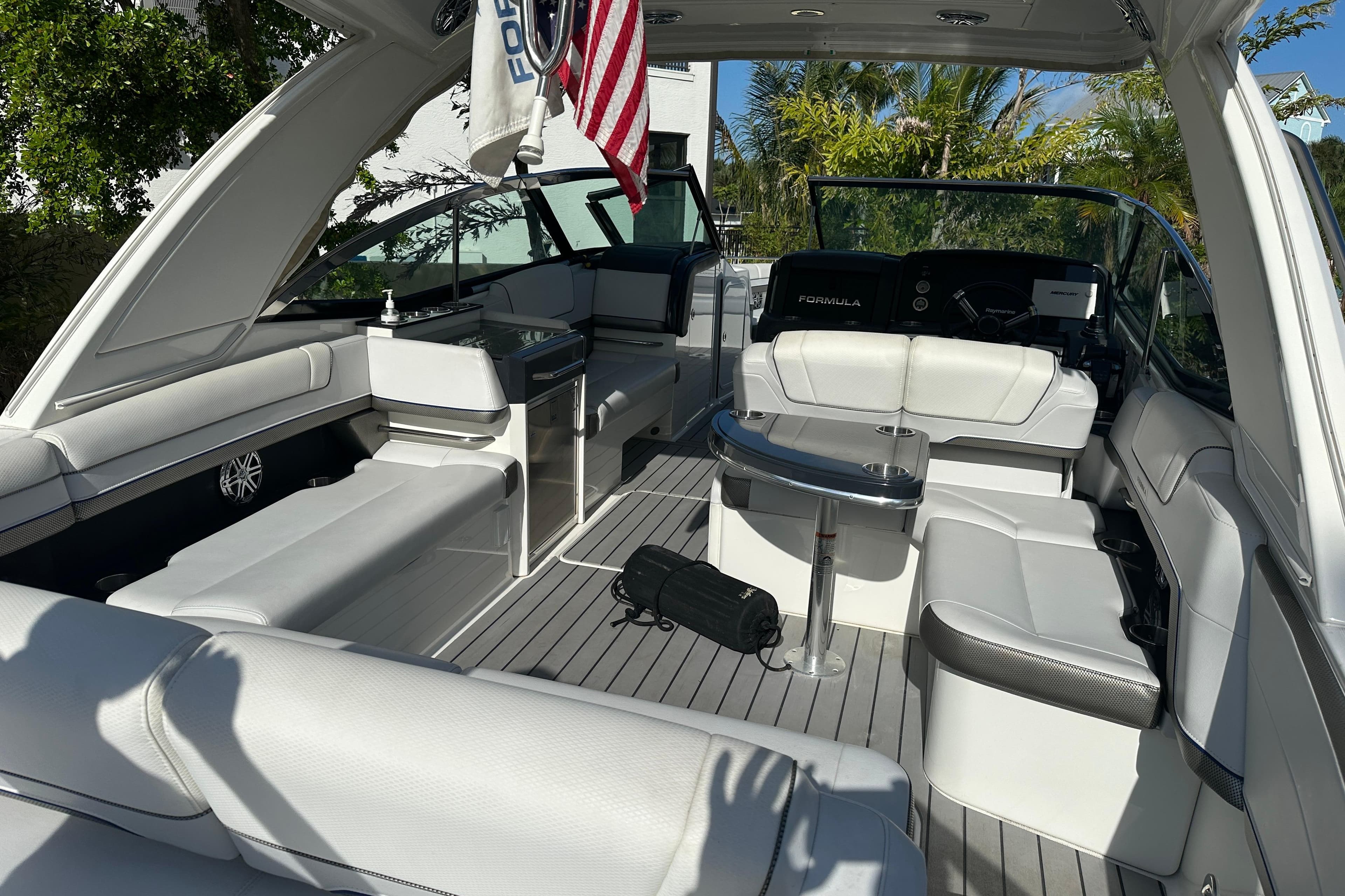 2021 Formula 330 Crossover Bowrider OB interior with luxurious seating and modern amenities.