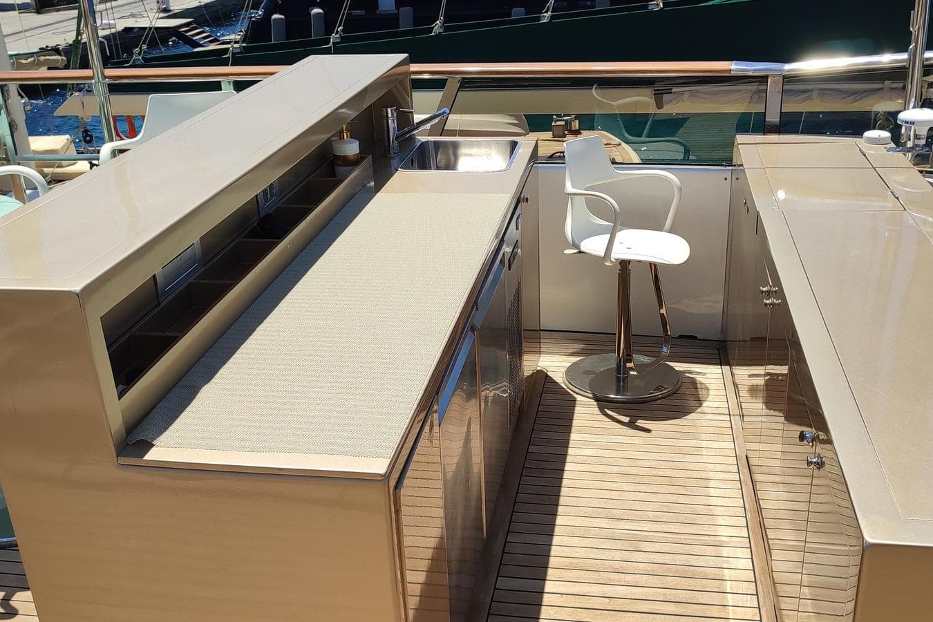 Luxurious outdoor bar area on 2009 Aganlar Custom Built Gulet 34M yacht.