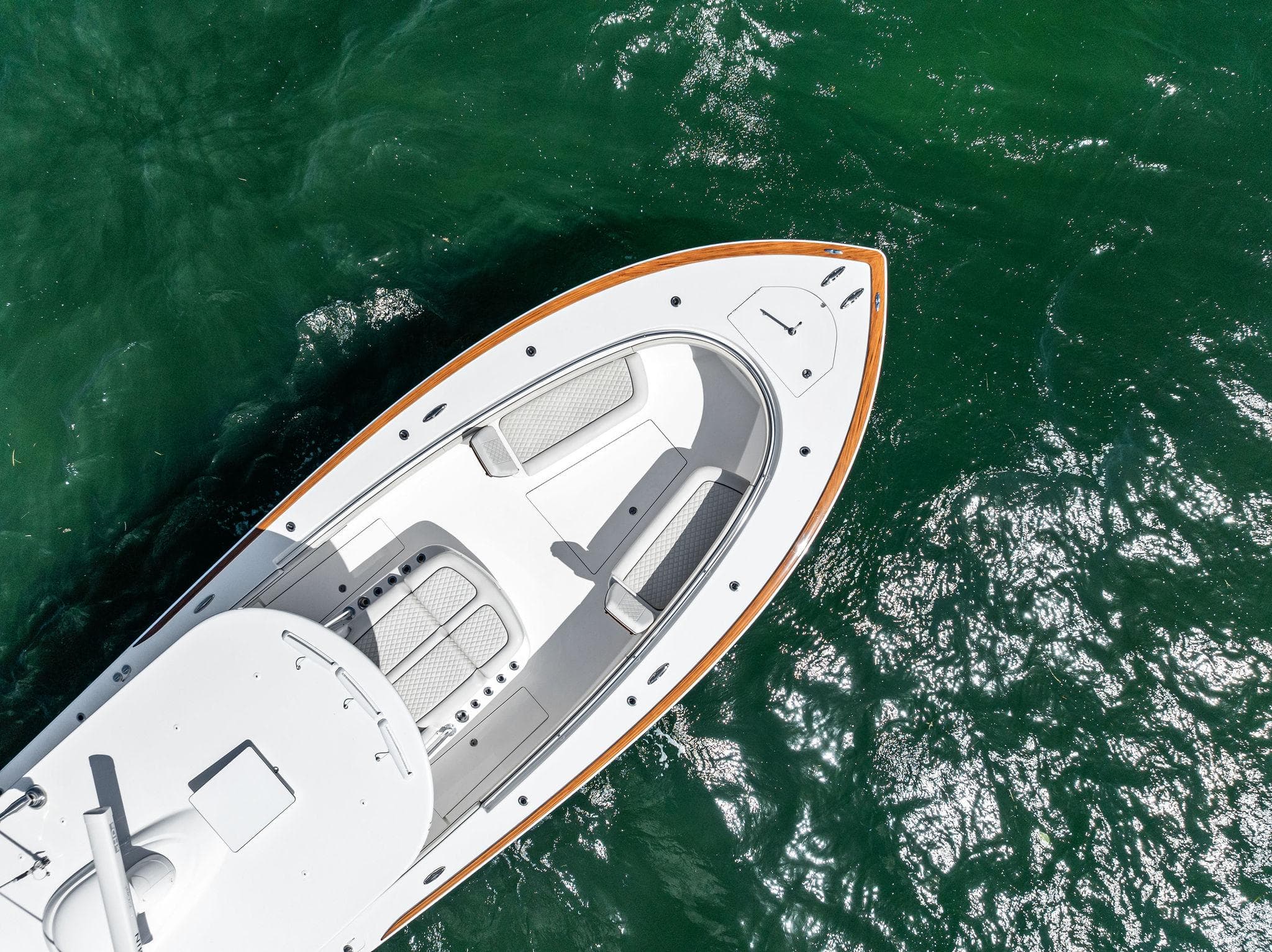 Aerial view of 2021 Valhalla Boatworks V-41 on green water.