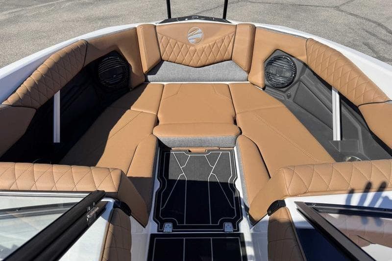 Luxurious interior of 2026 Tigé Z3 boat with tan leather seating and modern design.